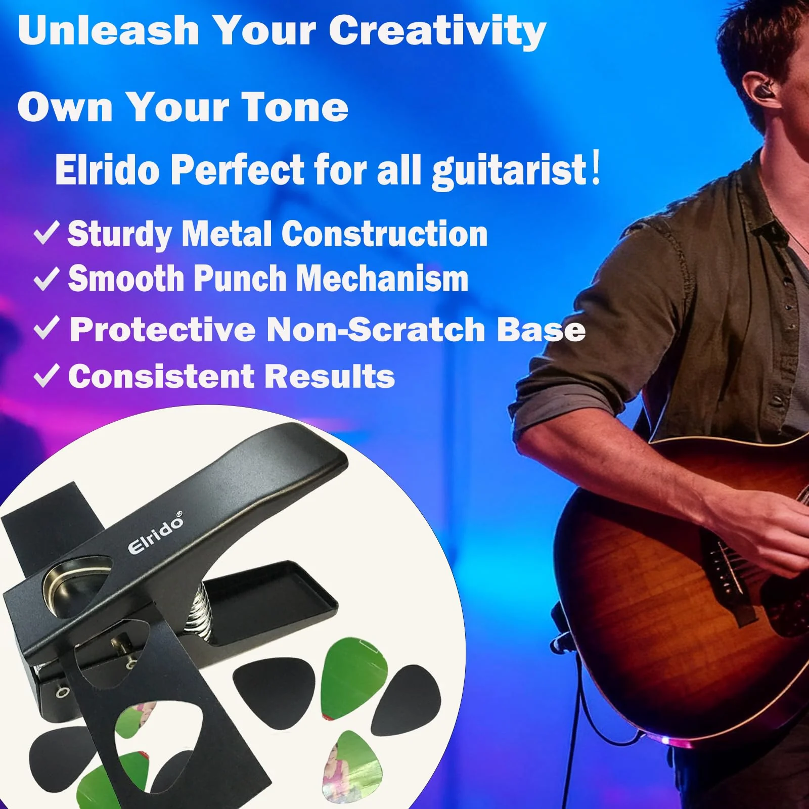 Elrido Guitar Pick Punch Tool Kit - DIY Custom Guitar Picks Maker with Leather Keychain Picks Holder & 2 Pick Strips, Create Endless Unique Picks - Make Picks, Gift for Guitarists & Musicians (Black) Black - Image 2