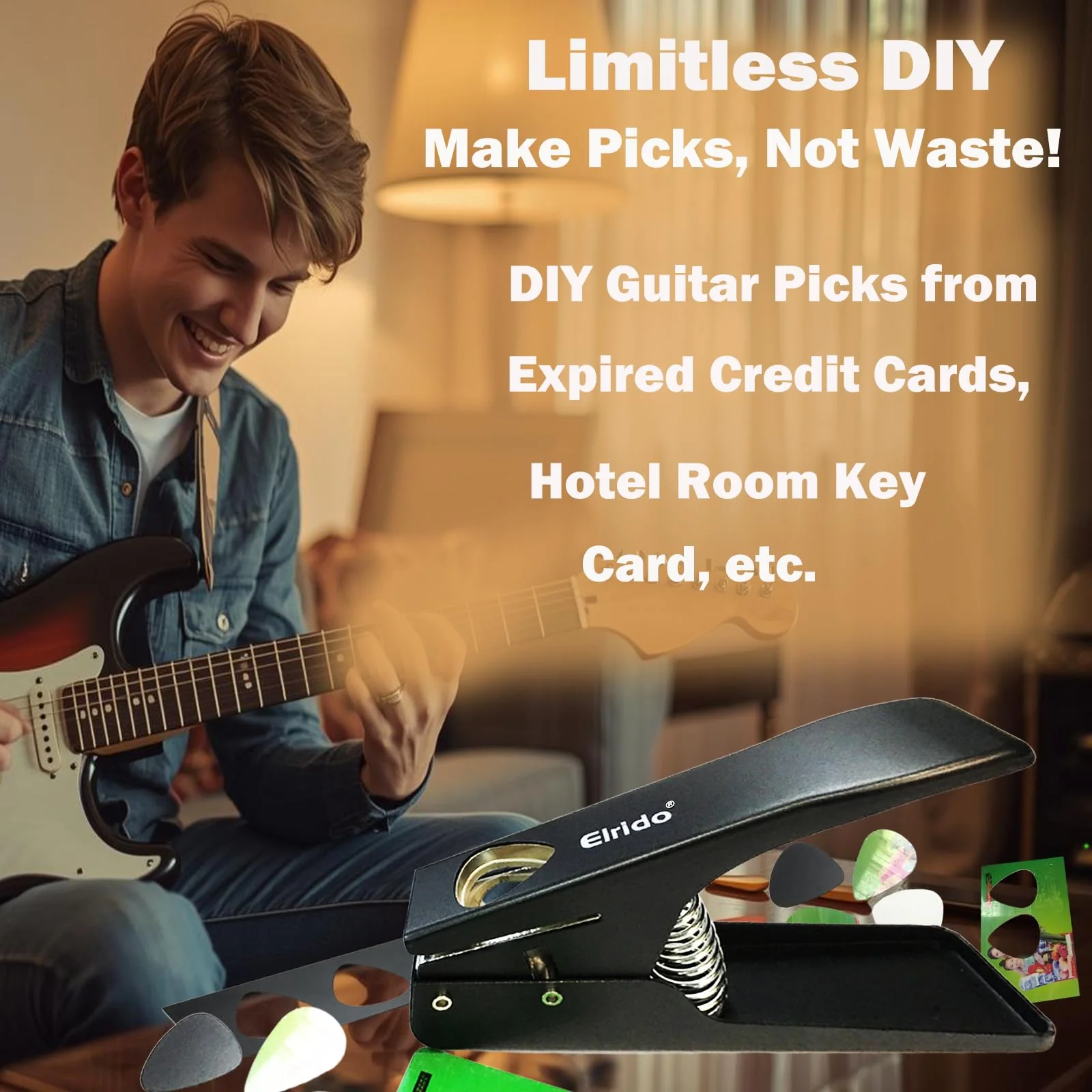 Elrido Guitar Pick Punch Tool Kit - DIY Custom Guitar Picks Maker with Leather Keychain Picks Holder & 2 Pick Strips, Create Endless Unique Picks - Make Picks, Gift for Guitarists & Musicians (Black) Black - Image 3