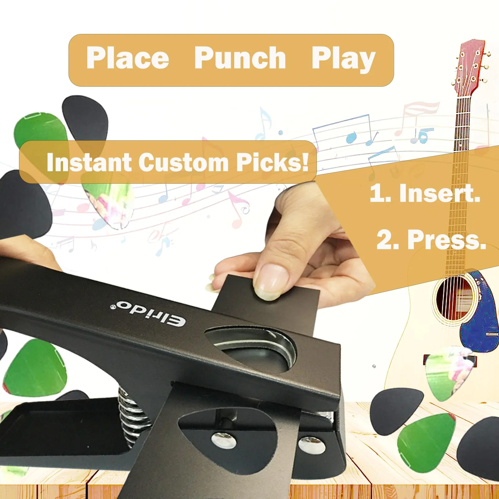 Elrido Guitar Pick Punch Tool Kit - DIY Custom Guitar Picks Maker with Leather Keychain Picks Holder & 2 Pick Strips, Create Endless Unique Picks - Make Picks, Gift for Guitarists & Musicians (Black) Black - Image 6