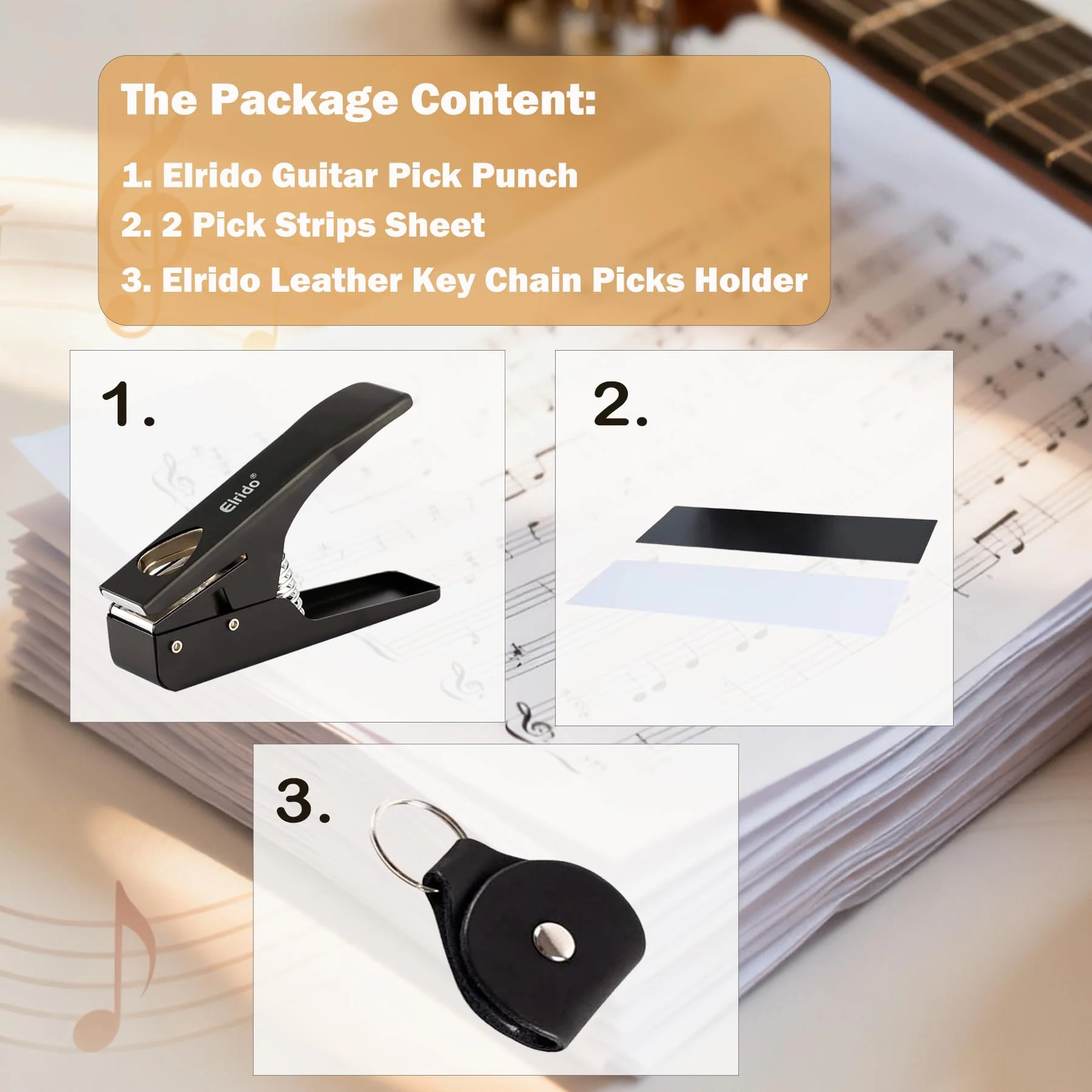 Elrido Guitar Pick Punch Tool Kit - DIY Custom Guitar Picks Maker with Leather Keychain Picks Holder & 2 Pick Strips, Create Endless Unique Picks - Make Picks, Gift for Guitarists & Musicians (Black) Black - Image 9