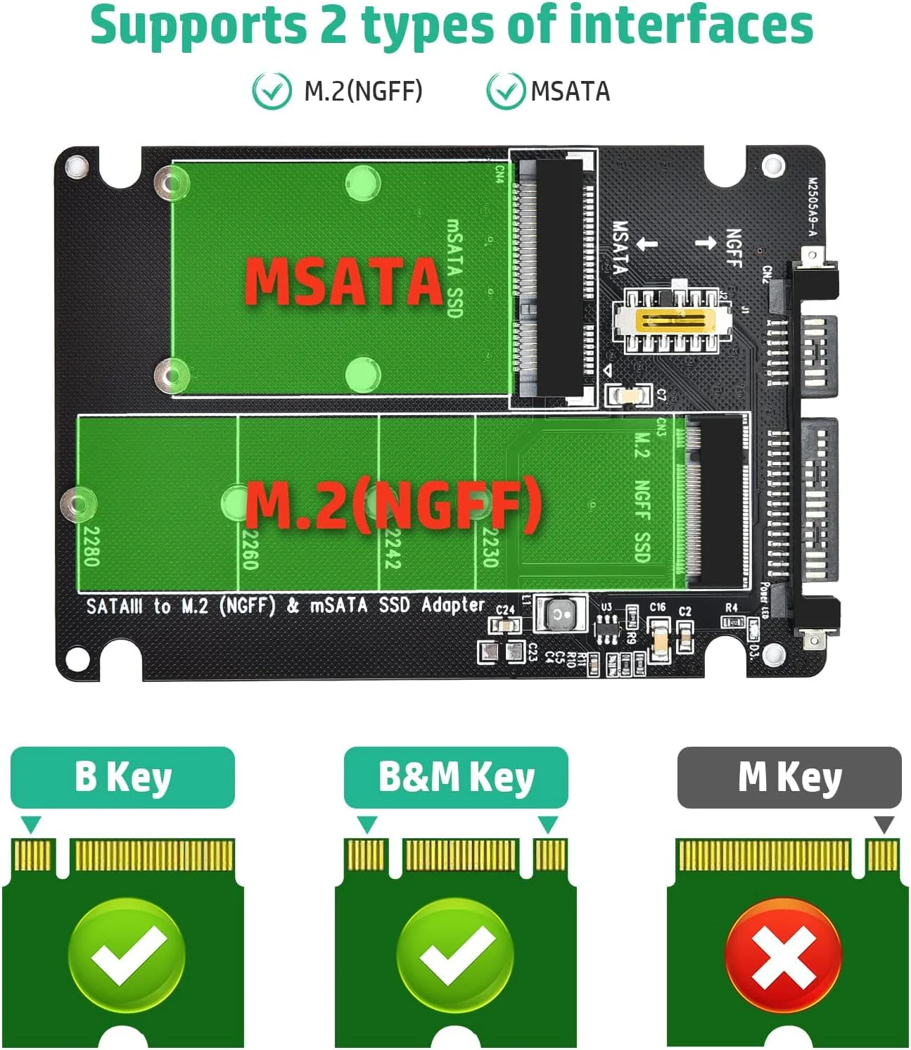 ELUTENG M.2 SATA to SATA Adapter (Not Support NVME/M.2 PCIE) MSATA and B Key/B&M Key M.2 NGFF SDD to 2.5" SATA III 2 in 1 Converter Supports MSATA/M.2 NGFF SSD Not for M Key M.2 NGFF/MSATA to SATA - Image 4
