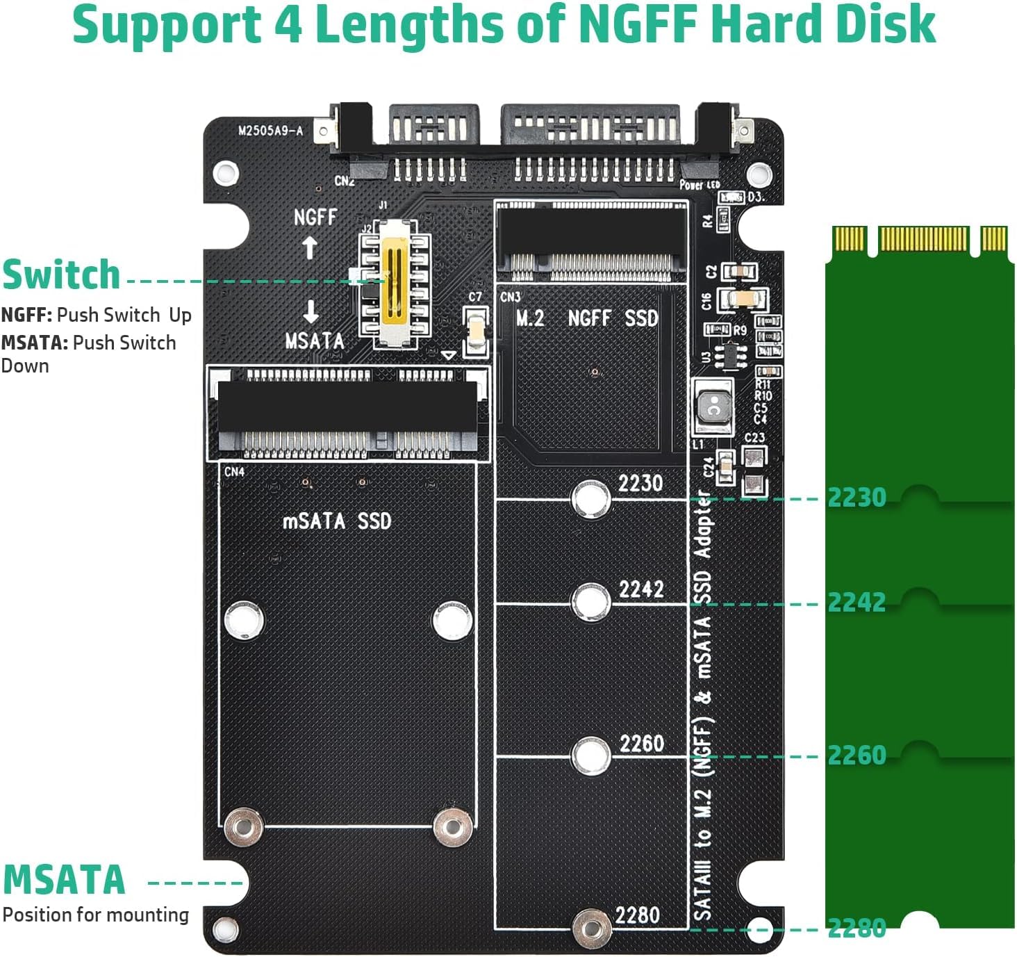 ELUTENG M.2 SATA to SATA Adapter (Not Support NVME/M.2 PCIE) MSATA and B Key/B&M Key M.2 NGFF SDD to 2.5" SATA III 2 in 1 Converter Supports MSATA/M.2 NGFF SSD Not for M Key M.2 NGFF/MSATA to SATA - Image 5