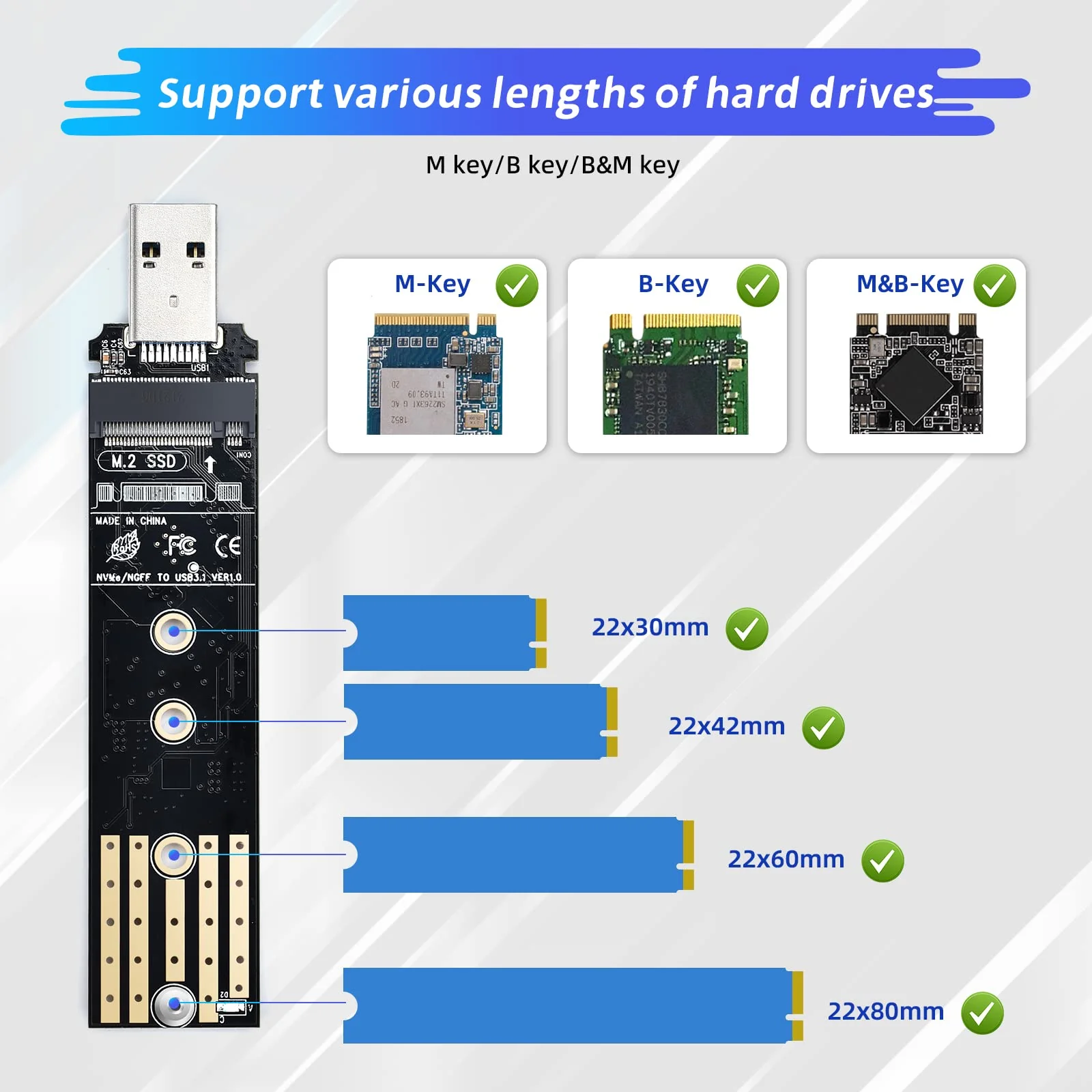 ELUTENG M.2 to USB Adapter Dual Protocol M.2 NVME SATA Hard Drive USB3.1 Gen2 10Gbps USB to NVME PCI-E SSD Reader M Key & B+M Key Support UASP for 2280 2260 2242 2230 SSD Enclosure M.2 NVME&NGFF - Image 5