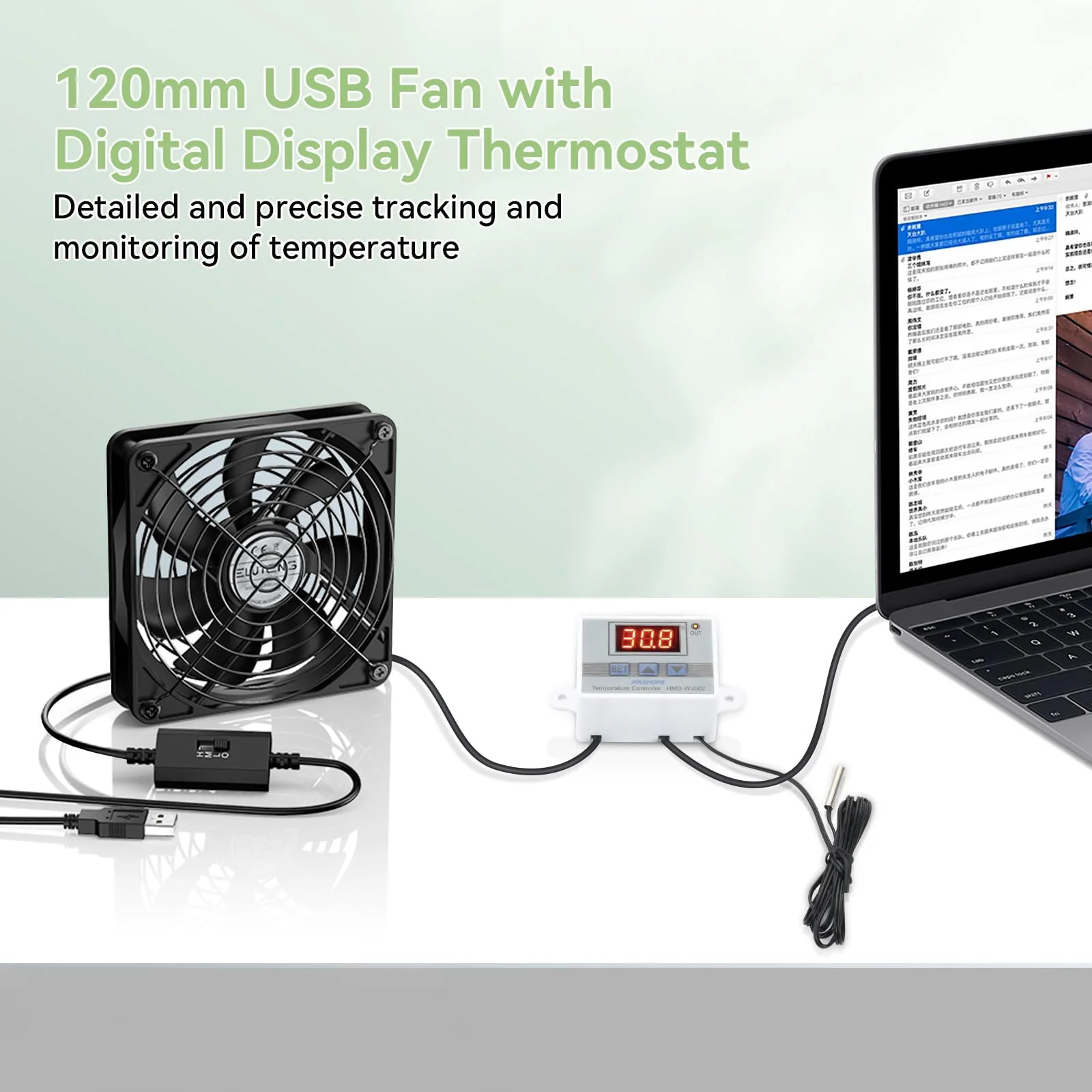 ELUTENG USB Fan 120 mm 5 V PC Fan Dual Ball Bearing with Digital Temperature Control, USB Fan 12 cm Case Fan with 3 Adjustable Speeds for PS5/Laptop/TV Box/AV Cabinet/Router 120mm Lüfter+Digitaler Temperaturregler - Image 3