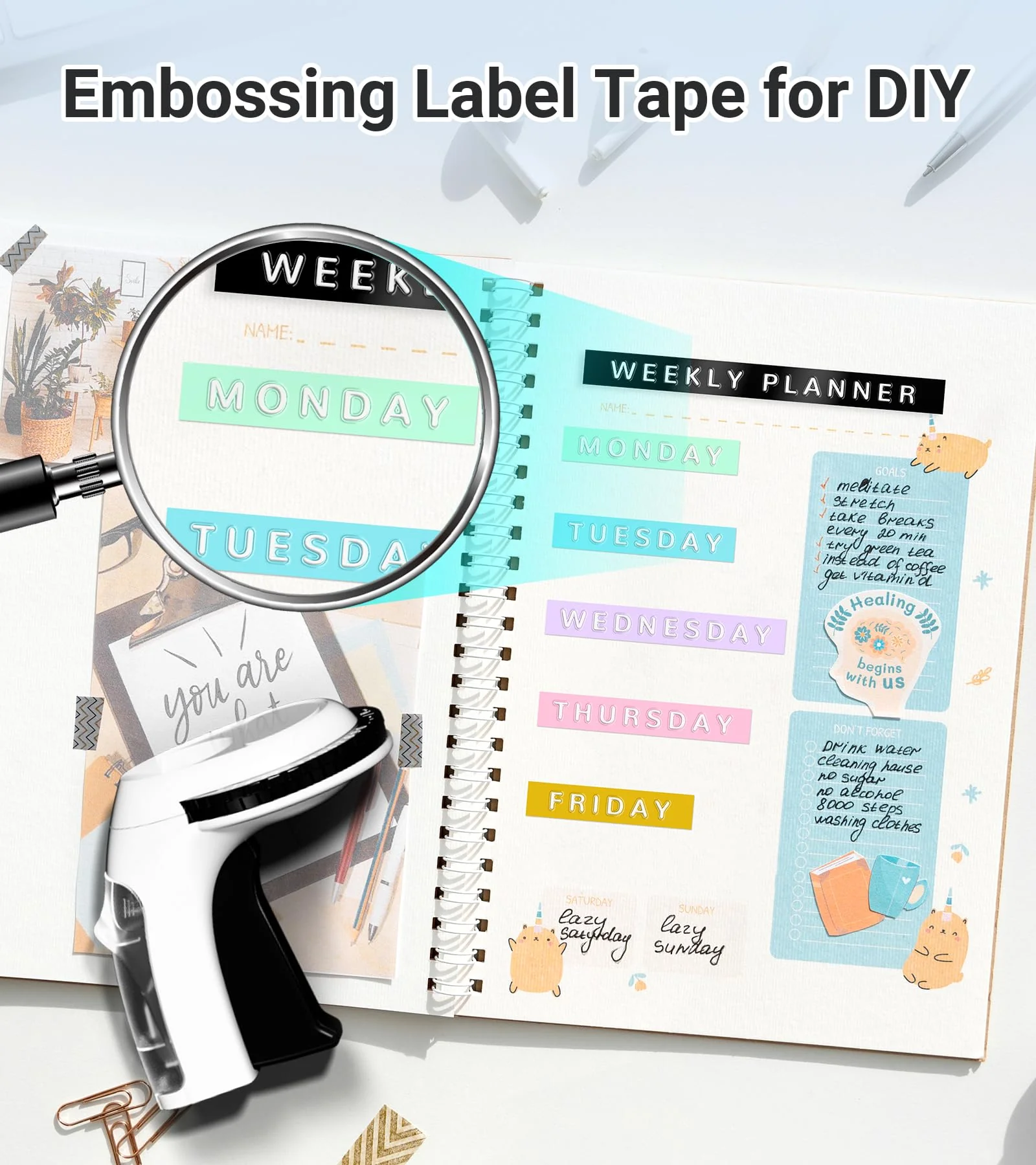 Embossing Black Label Maker Machine with-Tape, Retro Embossed Label Maker Manual, Vintage 3D Emboss Labeler with 10 Rolls Macaroon Embossing Label Tapes for Home Kitchen Office School Kids - Image 8