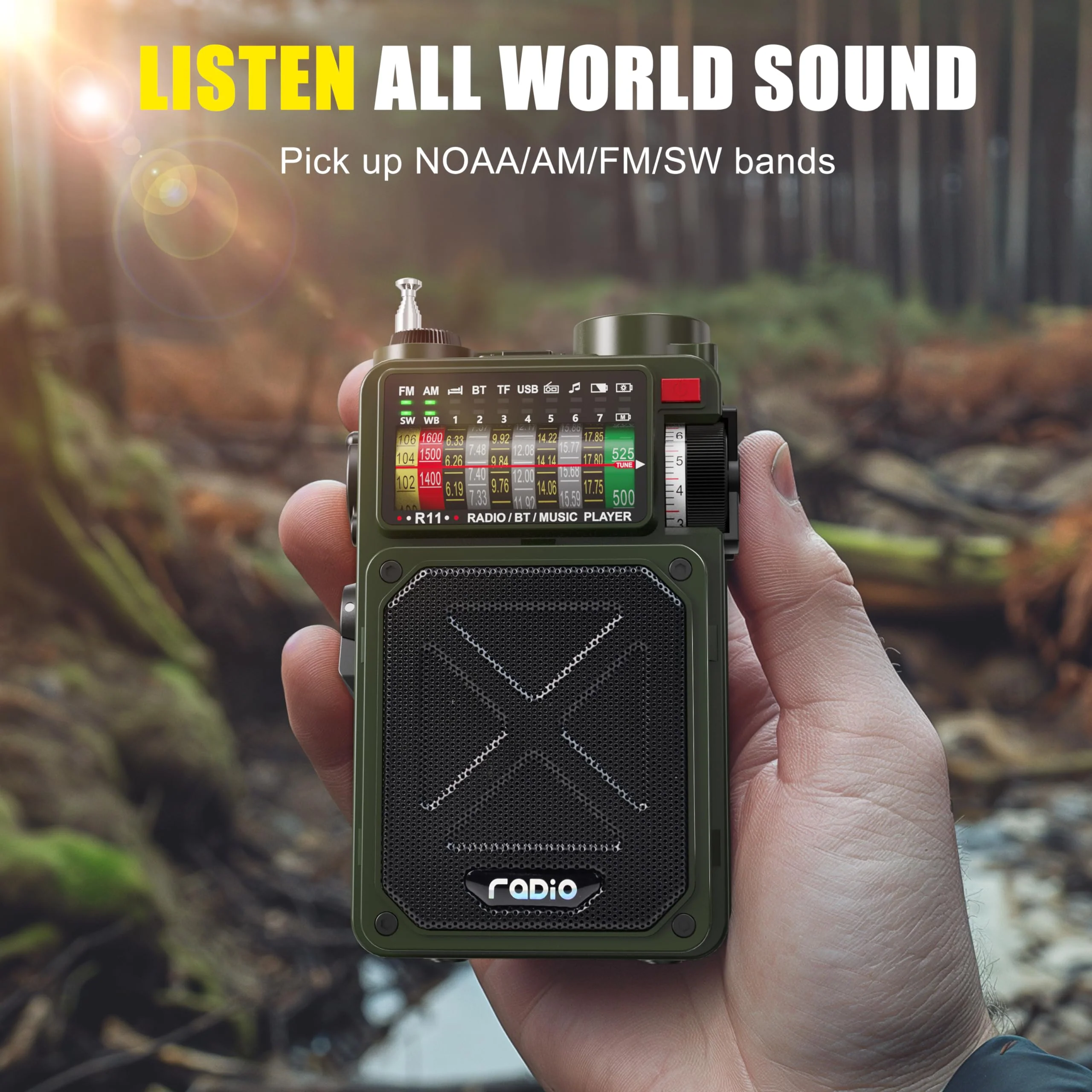 Emergency Crank Radio- Emgykit 4000mAh/14800mWh AM/FM/WB/SW/NOAA Weather Radio with Bluetooth,Flashlight,SOS Alarm, Powered by USB Charged,Hand Crank & Solar Power for Camping, Emergency Green - Image 2