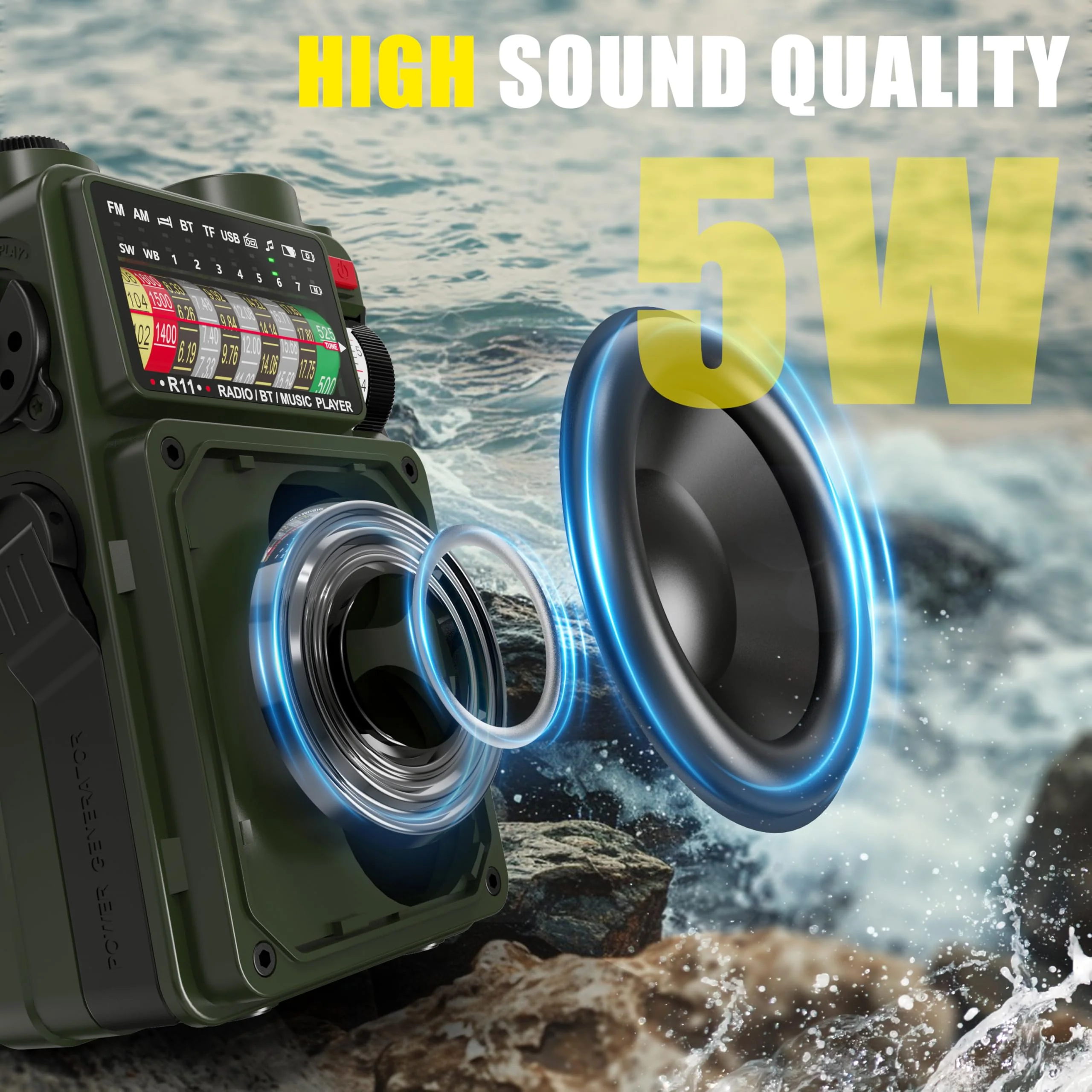 Emergency Crank Radio- Emgykit 4000mAh/14800mWh AM/FM/WB/SW/NOAA Weather Radio with Bluetooth,Flashlight,SOS Alarm, Powered by USB Charged,Hand Crank & Solar Power for Camping, Emergency Green - Image 4