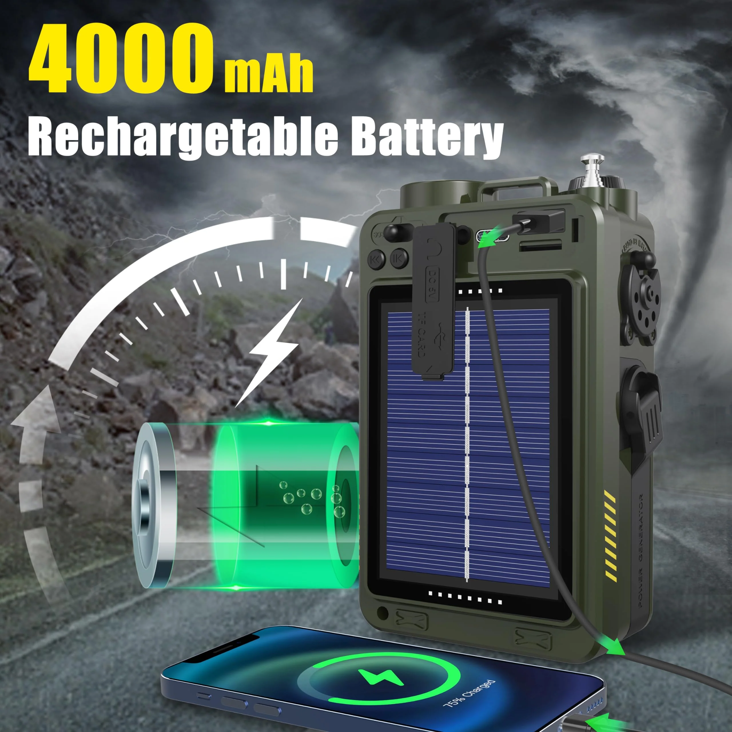 Emergency Crank Radio- Emgykit 4000mAh/14800mWh AM/FM/WB/SW/NOAA Weather Radio with Bluetooth,Flashlight,SOS Alarm, Powered by USB Charged,Hand Crank & Solar Power for Camping, Emergency Green - Image 6