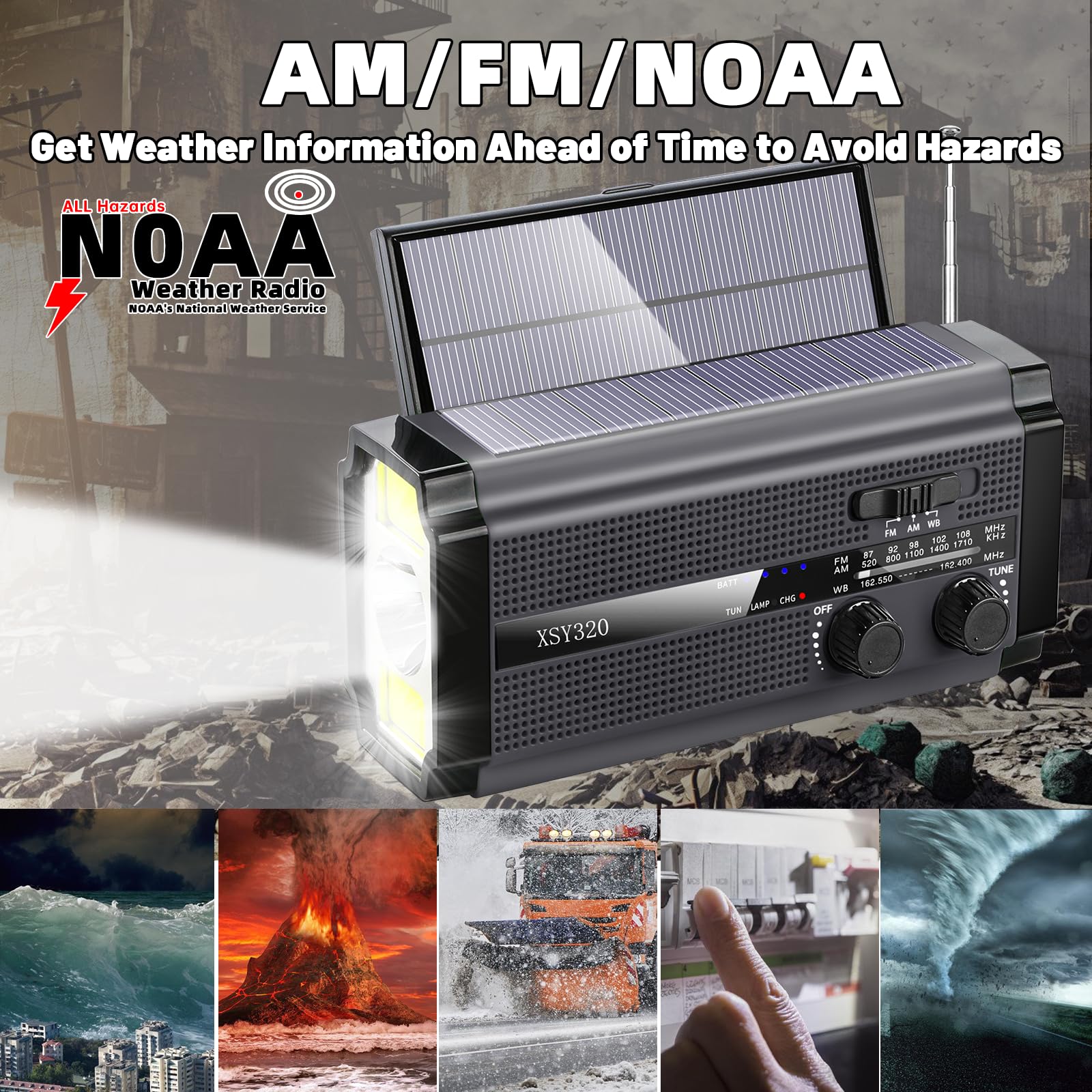 Emergency Crank Weather AM/FM Radio with 2 Solar Panels 5 Charging Modes NOAA Weather Scan 3 Modes Flashlight Cell Phone Charger SOS Alarms for Home Outdoor (Gray) Gray - Image 2
