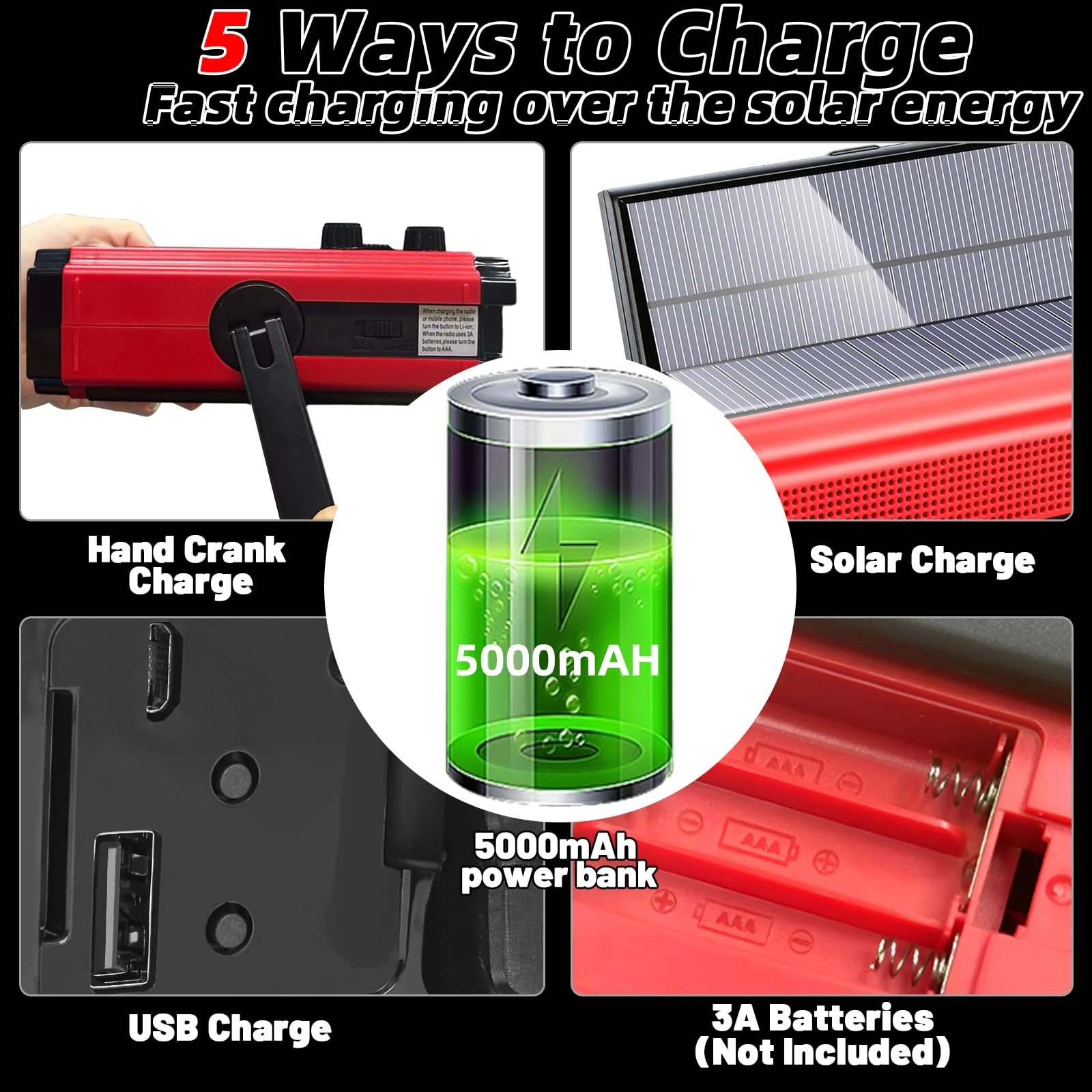Emergency Crank Weather AM/FM Radio with 2 Solar Panels Weather Radio Portable Radio, 5 Charging Modes SOS Siren 3 ModesFlashlightCell Phone ChargerReading Light (Red) Red - Image 3