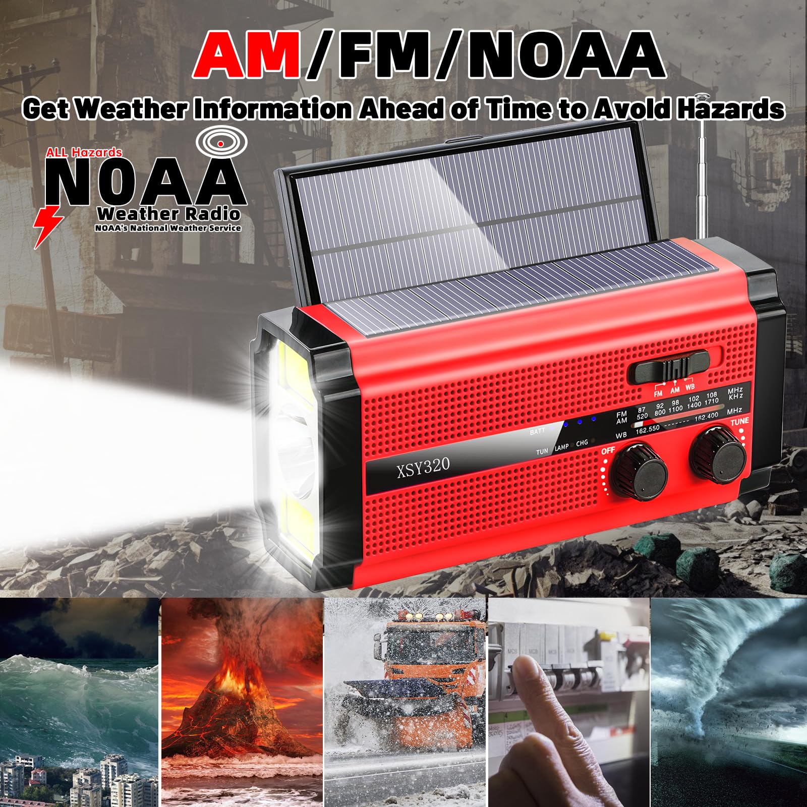 Emergency Crank Weather AM/FM Radio with 2 Solar Panels Weather Radio Portable Radio, 5 Charging Modes SOS Siren 3 ModesFlashlightCell Phone ChargerReading Light (Red) Red - Image 4