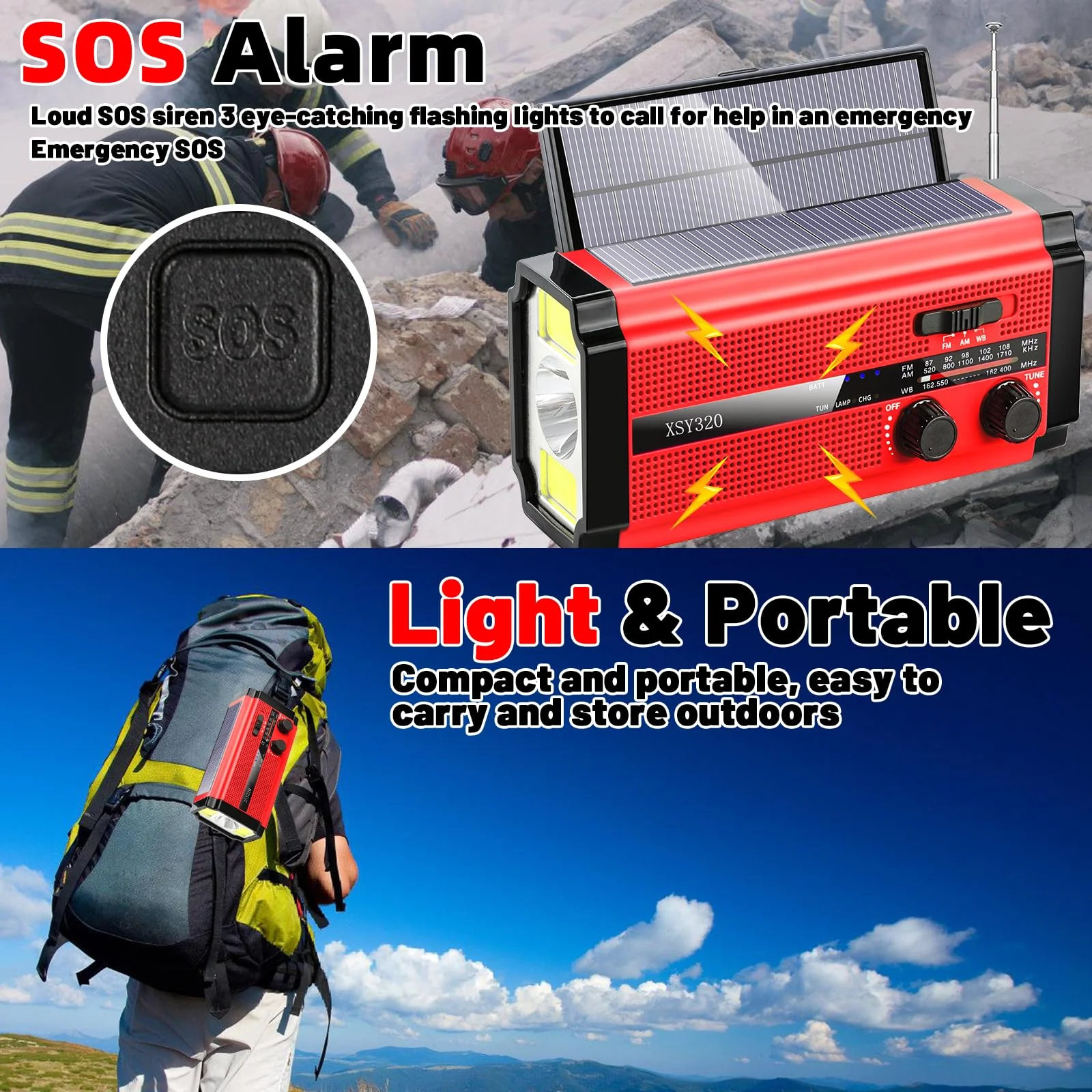 Emergency Crank Weather AM/FM Radio with 2 Solar Panels Weather Radio Portable Radio, 5 Charging Modes SOS Siren 3 ModesFlashlightCell Phone ChargerReading Light (Red) Red - Image 5