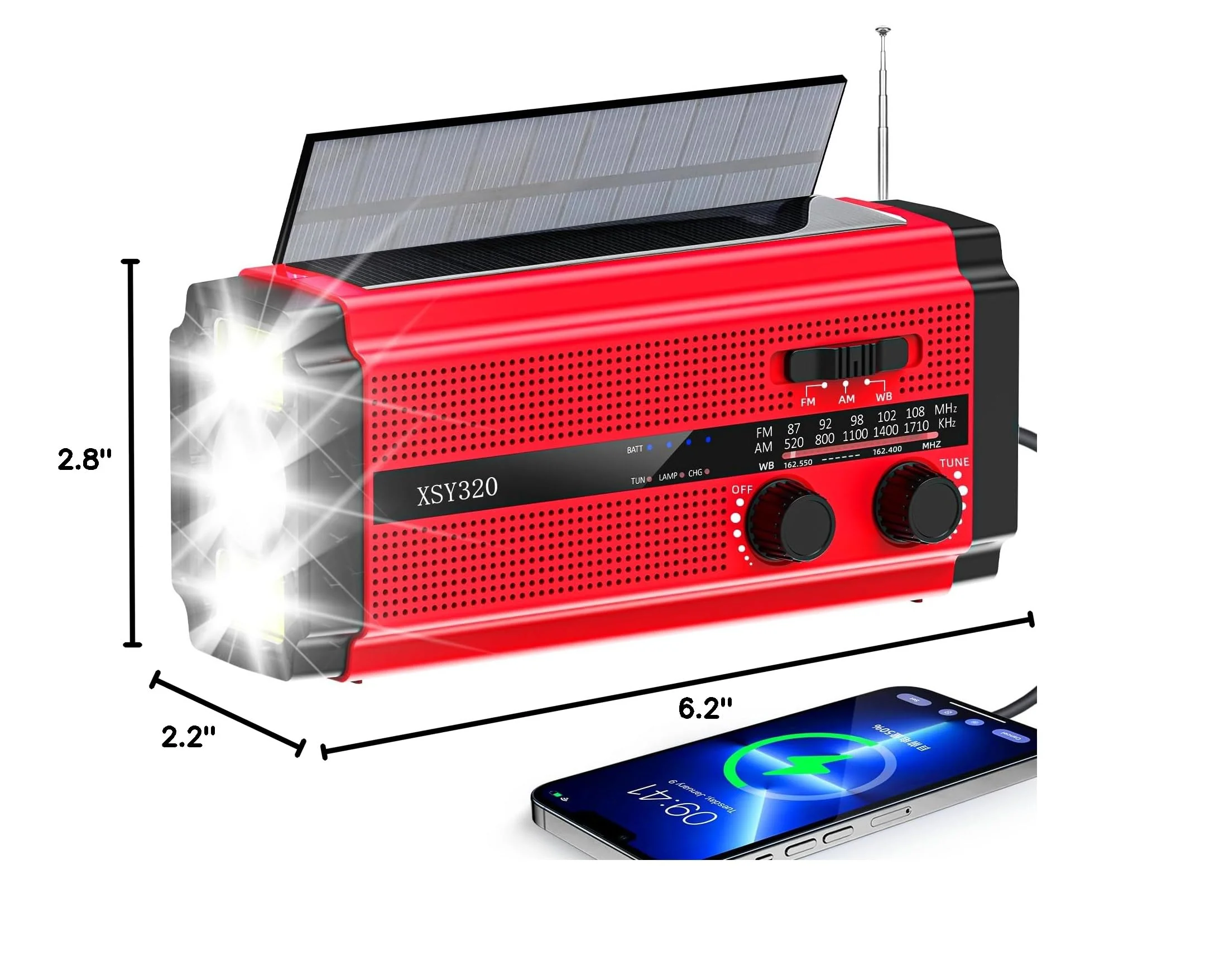 Emergency Crank Weather AM/FM Radio with 2 Solar Panels Weather Radio Portable Radio, 5 Charging Modes SOS Siren 3 ModesFlashlightCell Phone ChargerReading Light (Red) Red - Image 7