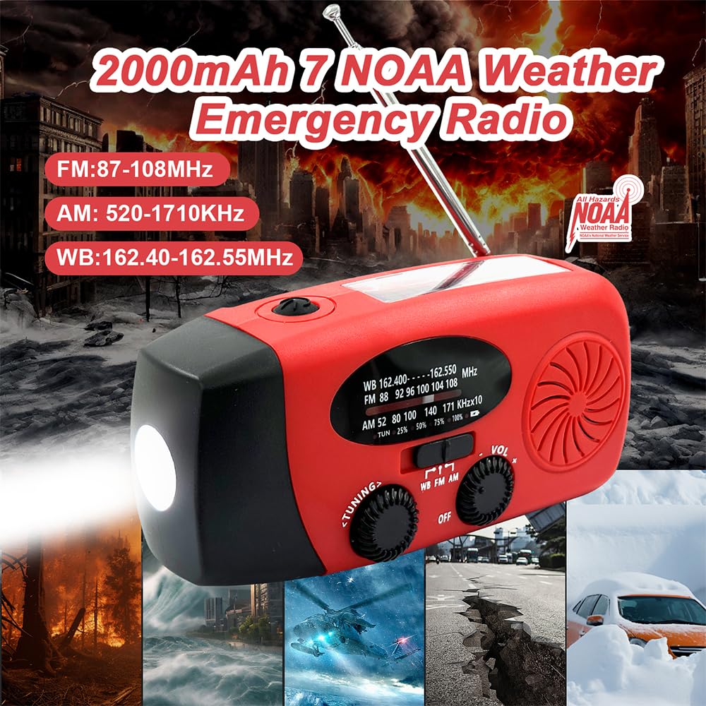 Emergency Hand Crank Radio, 2000mAh/7400mWh NOAA Weather Radio Battery Operated, Solar Radio Flashlight Cell Phone Charger, LED Reading Lamp, SOS Alarm for Home, Outdoor Emergencies - Image 2