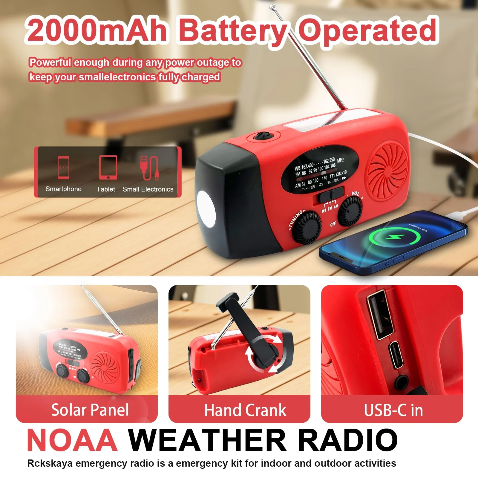 Emergency Hand Crank Radio, 2000mAh/7400mWh NOAA Weather Radio Battery Operated, Solar Radio Flashlight Cell Phone Charger, LED Reading Lamp, SOS Alarm for Home, Outdoor Emergencies - Image 3