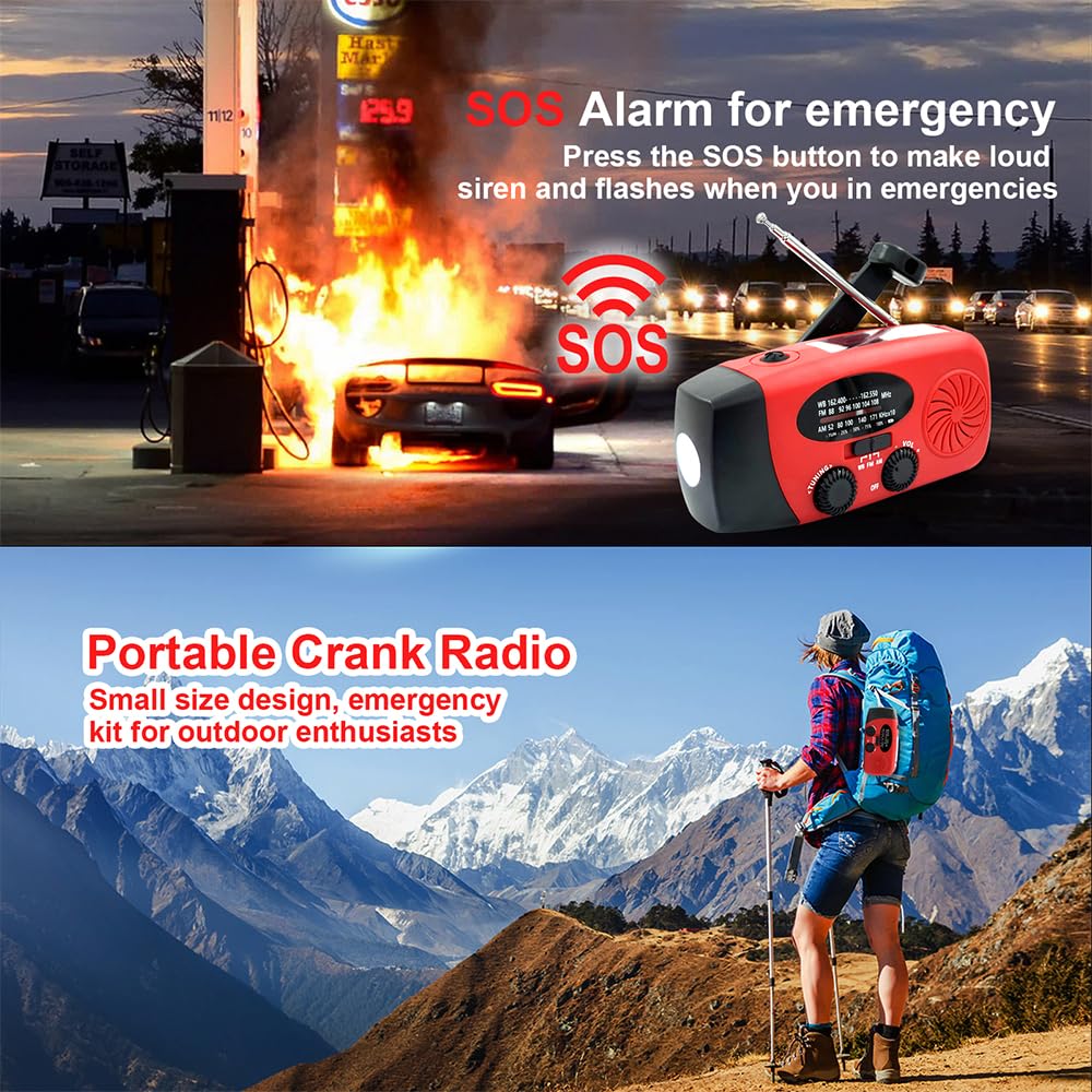 Emergency Hand Crank Radio, 2000mAh/7400mWh NOAA Weather Radio Battery Operated, Solar Radio Flashlight Cell Phone Charger, LED Reading Lamp, SOS Alarm for Home, Outdoor Emergencies - Image 6