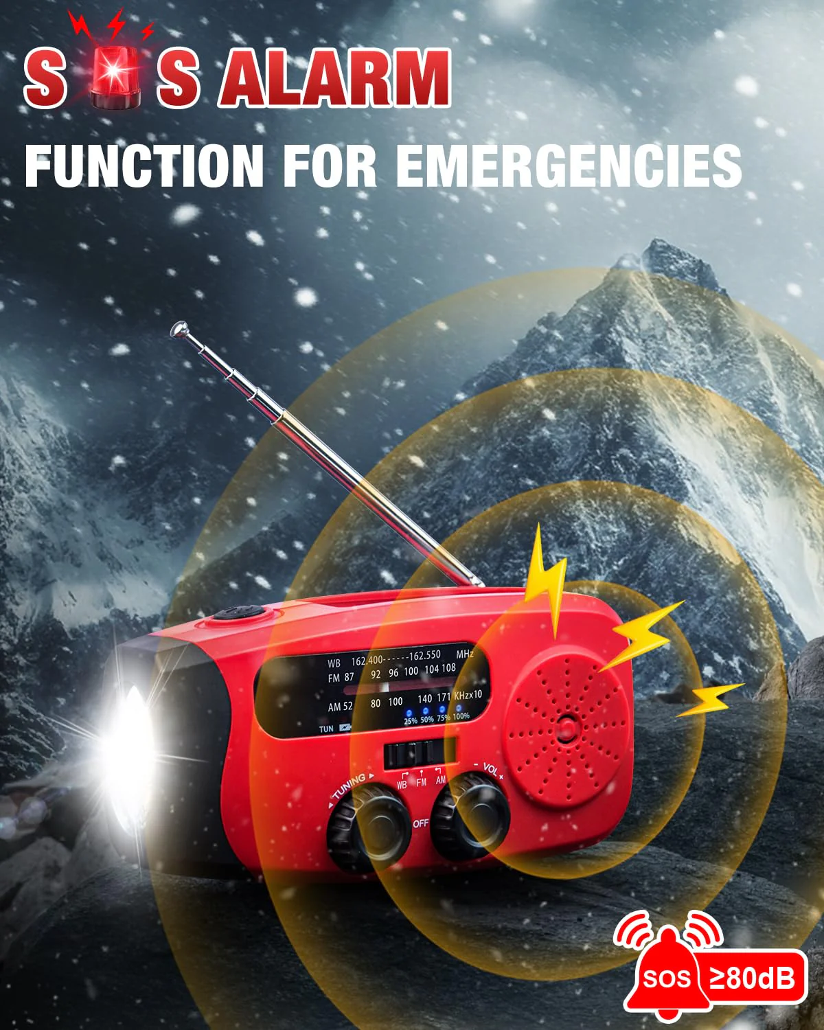 Emergency Hand Crank Radio Emgykit - 2000mAh/7400mWh AM/FM/NOAA Solar Hand Crank Emergency Radio with 3 LED Flashlights, SOS Function for Emergencies, Snowstorms - Image 3