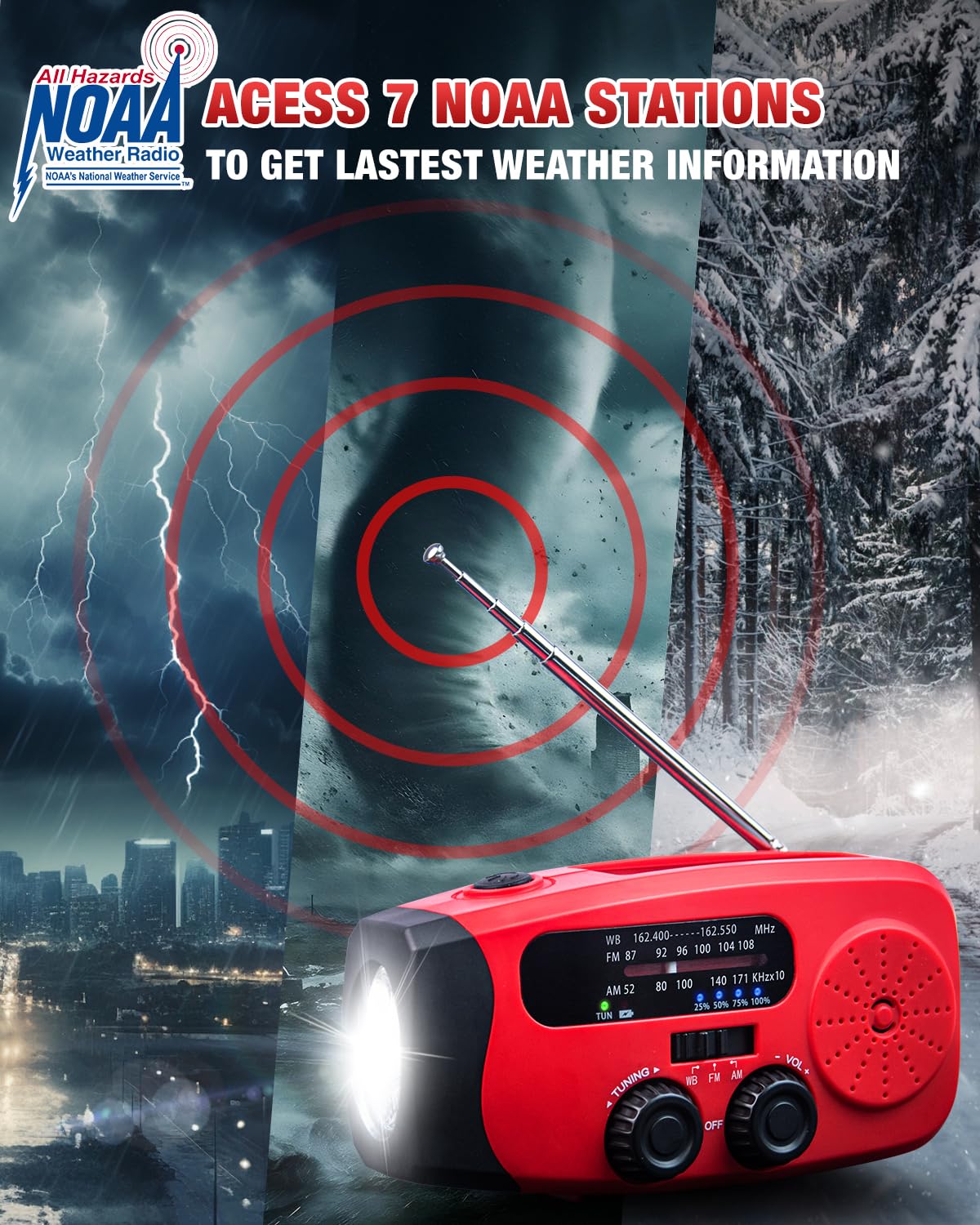 Emergency Hand Crank Radio Emgykit - 2000mAh/7400mWh AM/FM/NOAA Solar Hand Crank Emergency Radio with 3 LED Flashlights, SOS Function for Emergencies, Snowstorms - Image 4