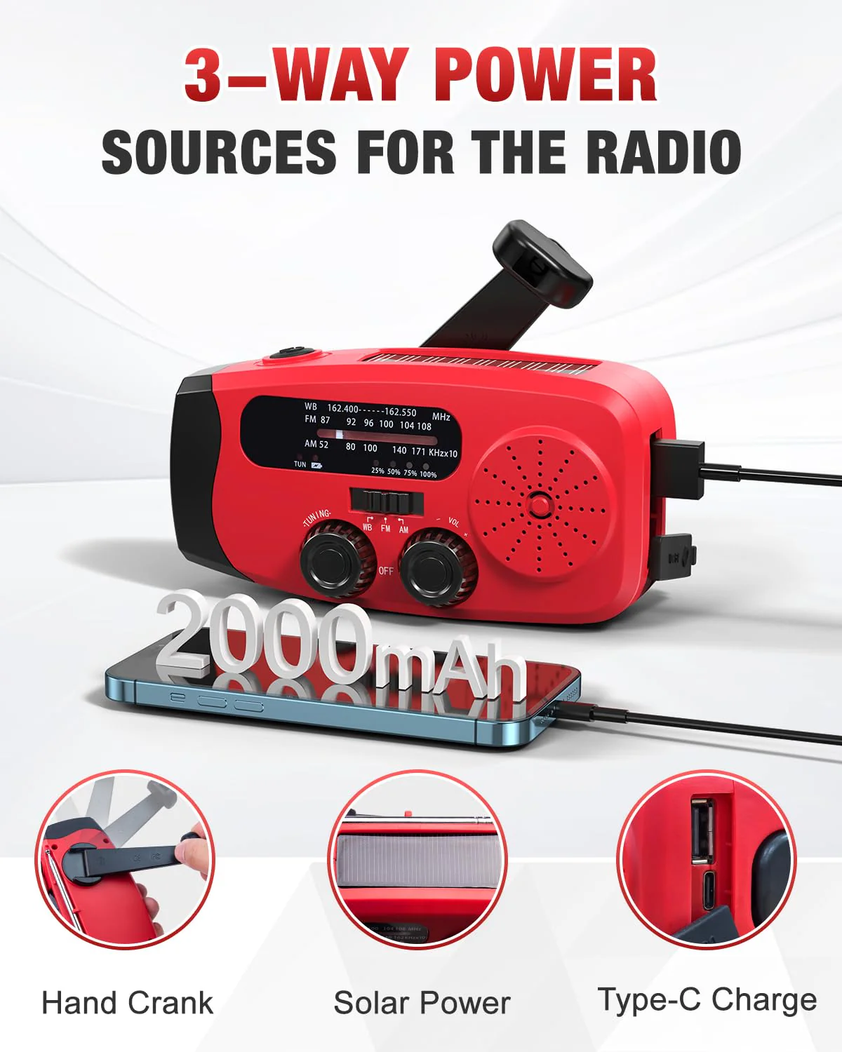 Emergency Hand Crank Radio Emgykit - 2000mAh/7400mWh AM/FM/NOAA Solar Hand Crank Emergency Radio with 3 LED Flashlights, SOS Function for Emergencies, Snowstorms - Image 6