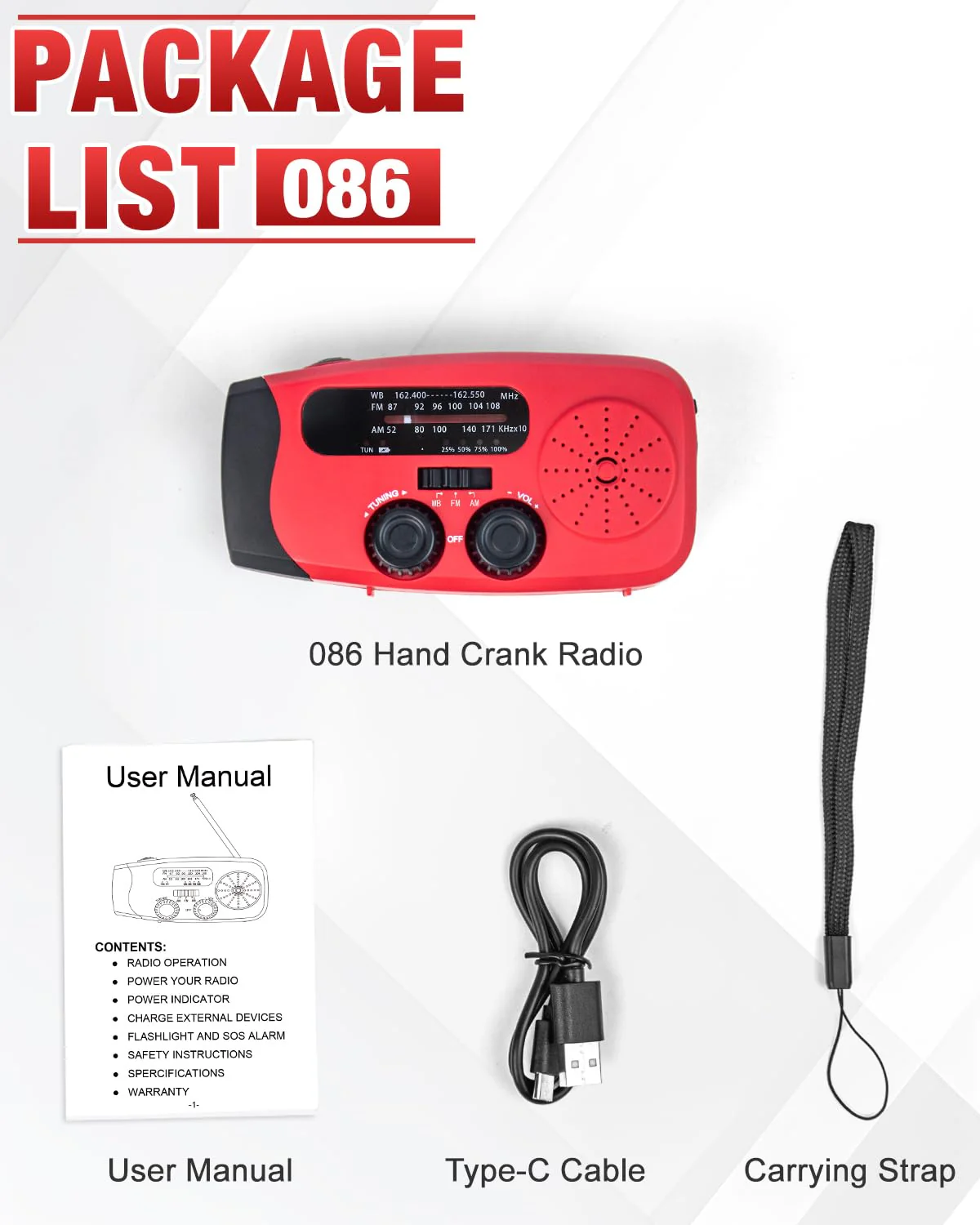 Emergency Hand Crank Radio Emgykit - 2000mAh/7400mWh AM/FM/NOAA Solar Hand Crank Emergency Radio with 3 LED Flashlights, SOS Function for Emergencies, Snowstorms - Image 8