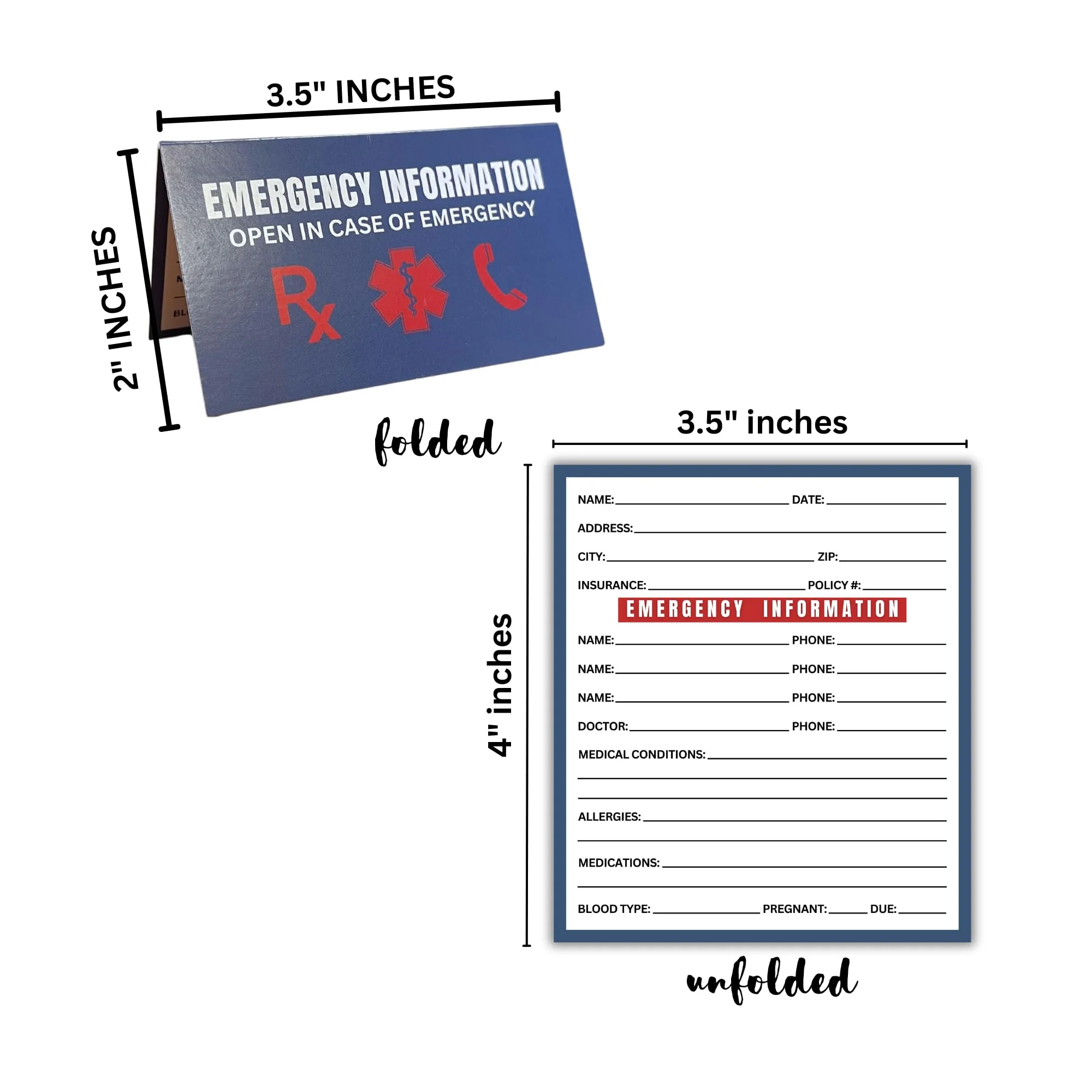 Emergency Info ICE Folded Wallet Card | 10 pk 2x3.5” Blue Medications, Blood Type Identification Card Contacts, Doctor, Allergies in Case of Emergency Bulk Medical ID - Image 4