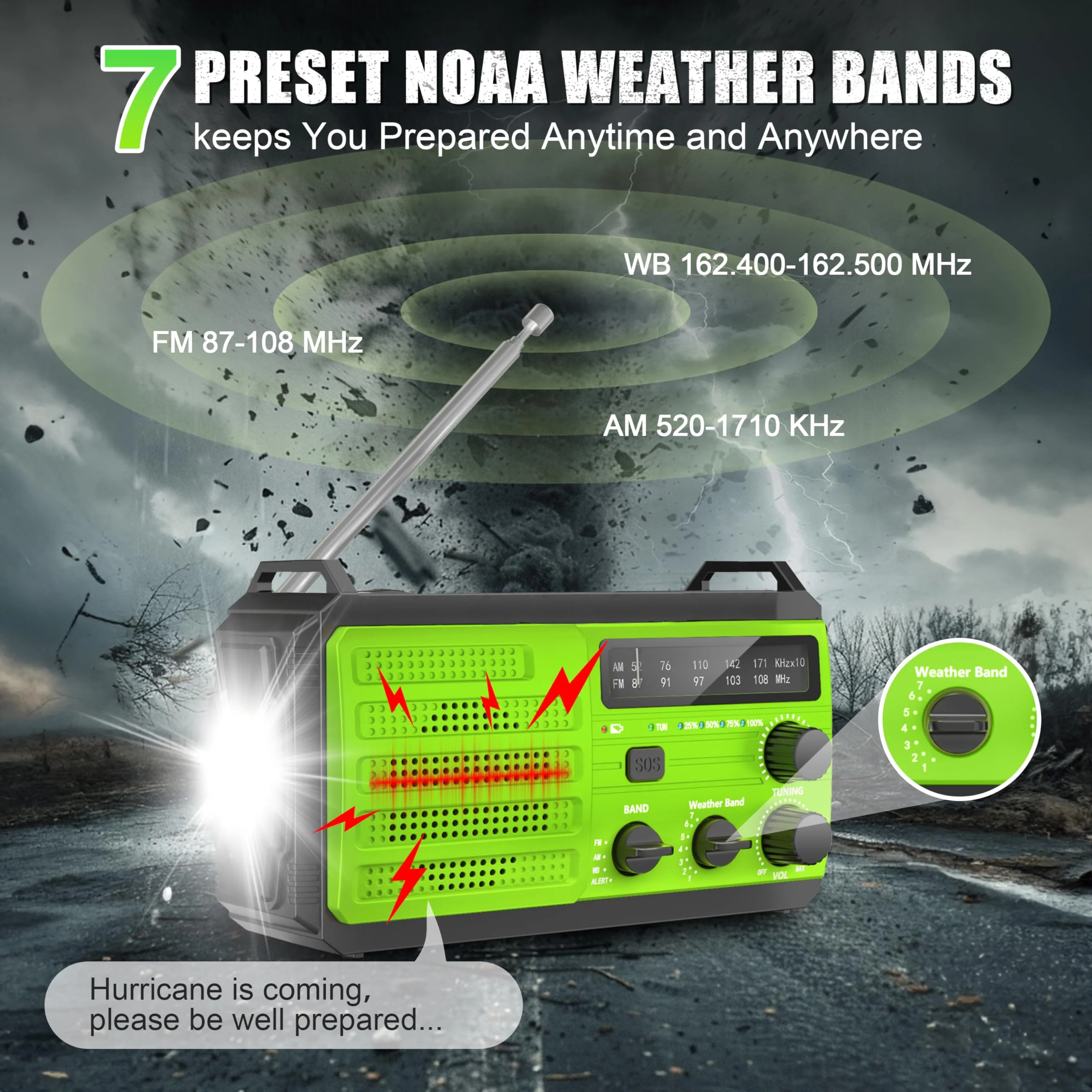Emergency Radio 22200mWh Solar Hand Crank Emergency Radio: AM/FM/NOAA Weather Radio with Phone Charger, Flashlight & Reading Lamp, Headphone Jack, SOS Alarm for Home Survival Hurricane Green-6000mAh - Image 2