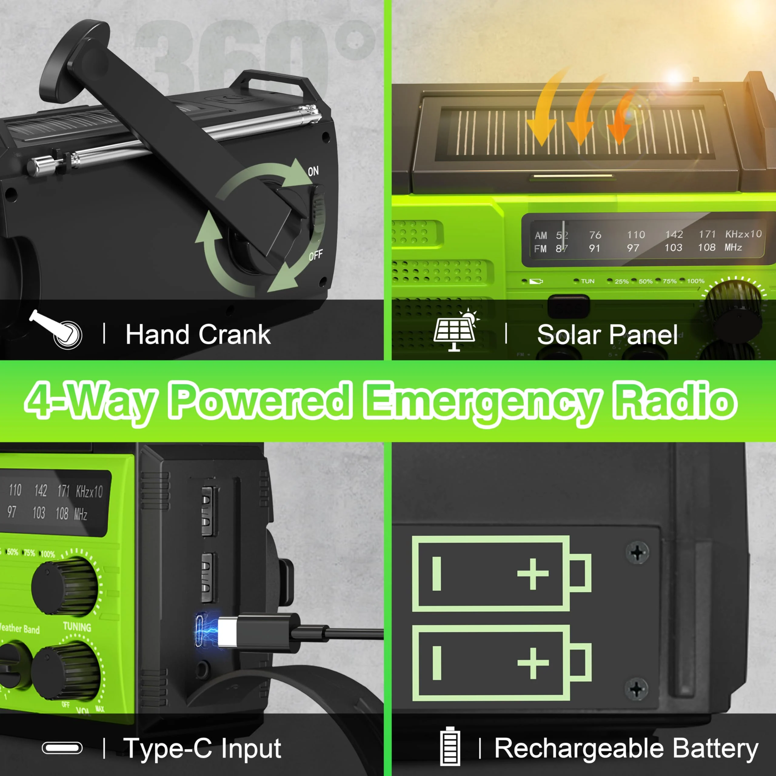 Emergency Radio 22200mWh Solar Hand Crank Emergency Radio: AM/FM/NOAA Weather Radio with Phone Charger, Flashlight & Reading Lamp, Headphone Jack, SOS Alarm for Home Survival Hurricane Green-6000mAh - Image 4