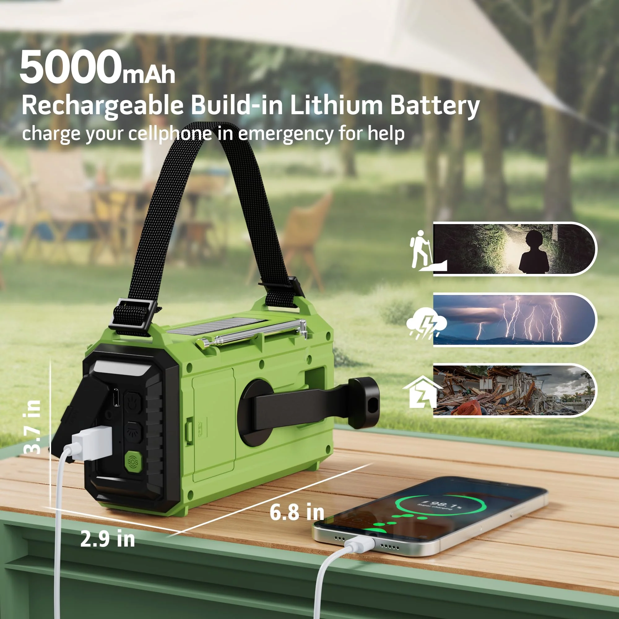 Emergency Radio,5000 NOAA Weather Radio with AM/FM/NOAA/SW,SOS Battery Operated Radio,5 Way Powered Emergency Hand Crank Radio with USB Charger, Flashlight, Reading Lamp, Headphone Jack for Outdoor Green - Image 3
