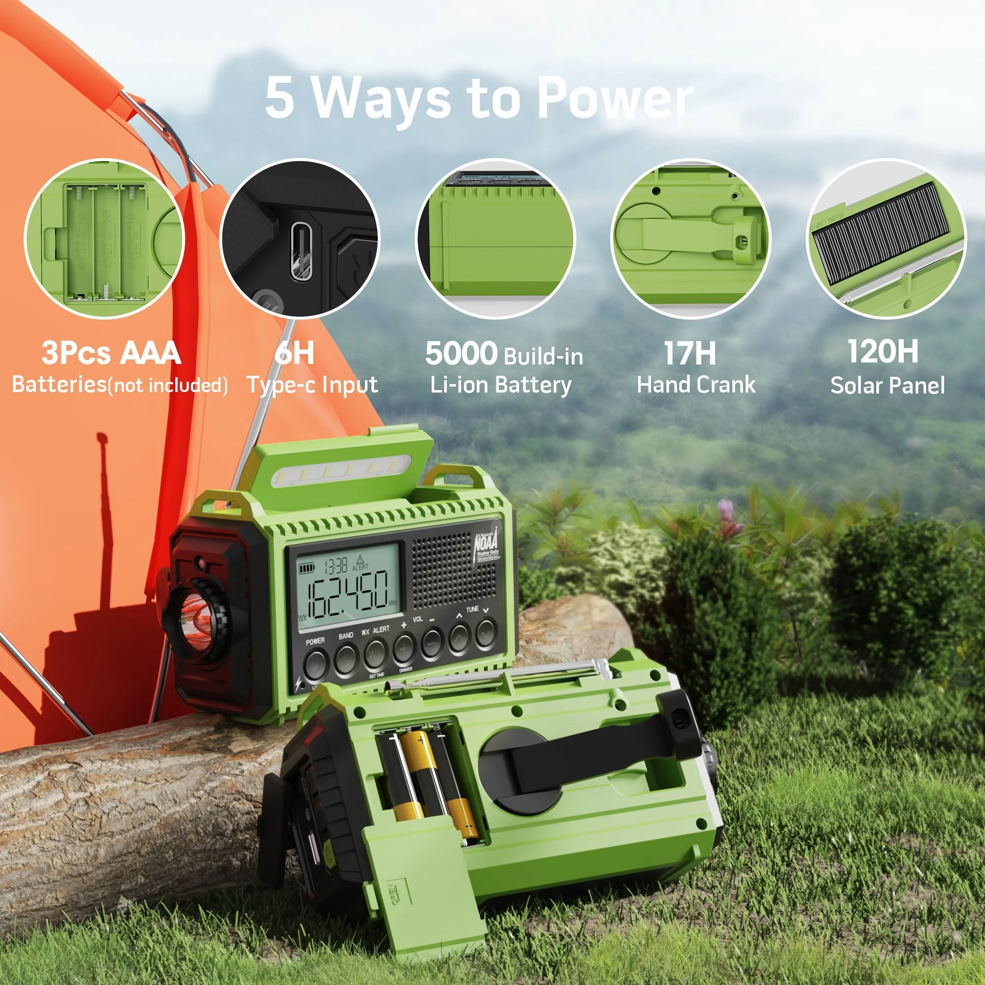 Emergency Radio,5000 NOAA Weather Radio with AM/FM/NOAA/SW,SOS Battery Operated Radio,5 Way Powered Emergency Hand Crank Radio with USB Charger, Flashlight, Reading Lamp, Headphone Jack for Outdoor Green - Image 4
