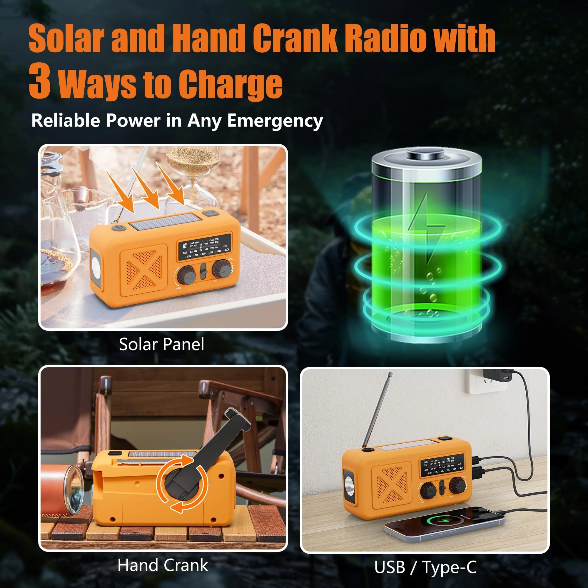 Emergency Radio Hand Crank Solar, 5000mAh/18500mWh Emergency Weather Radio, Solar Crank Radios with NOAA/AM/FM, Thermal Blanket, Paracord Bracele, for Outdoor & Home Orange 5000mAh Emergency Kit - Image 5