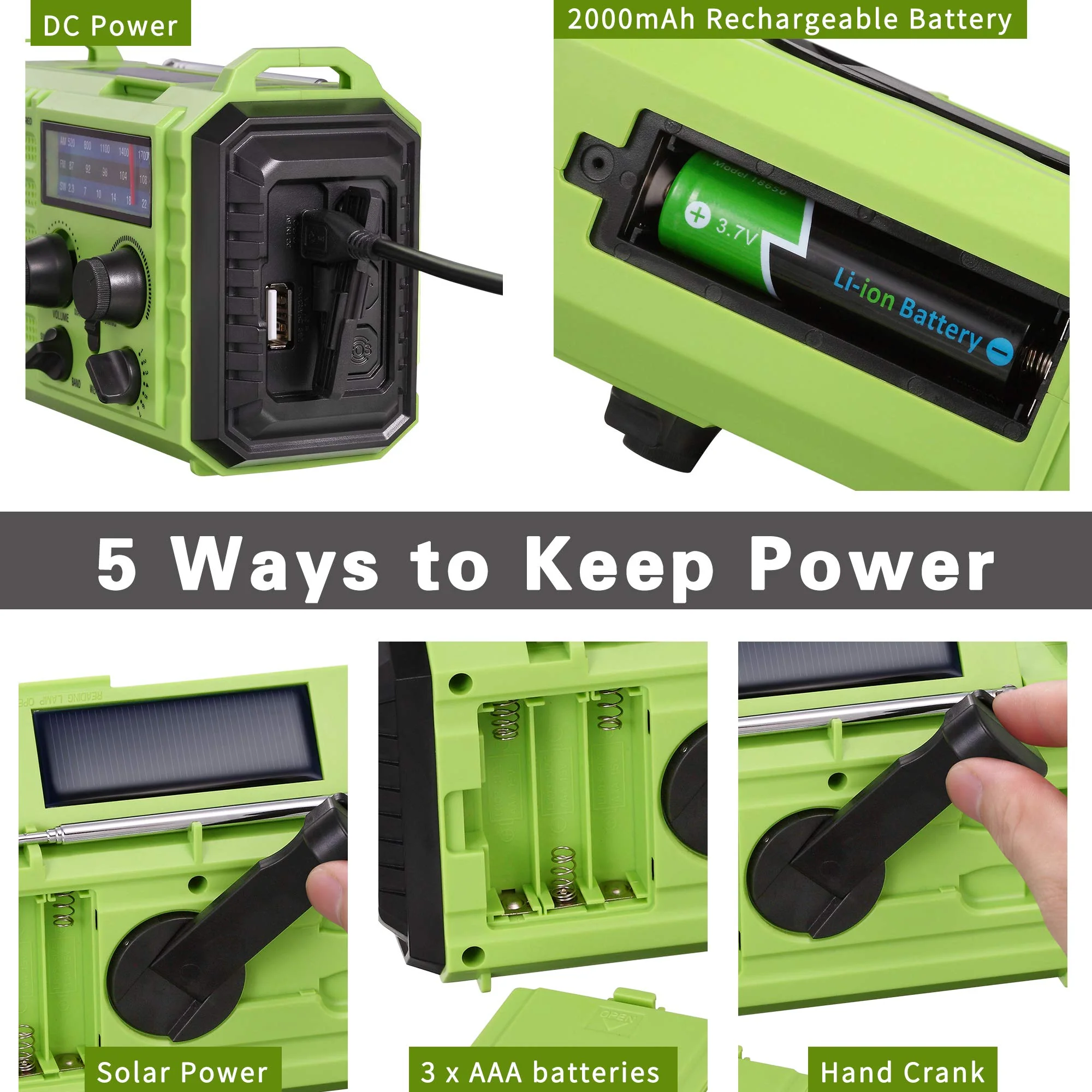 Emergency Radio Hand Crank Solar, 5000mAh AM/FM/SW NOAA Weather Radio, Portable Battery Operated Radio with Cell Phone Charger, 3W LED Flashlight & Reading Lamp, SOS for Home,Storm,Camping,Survival - Image 3