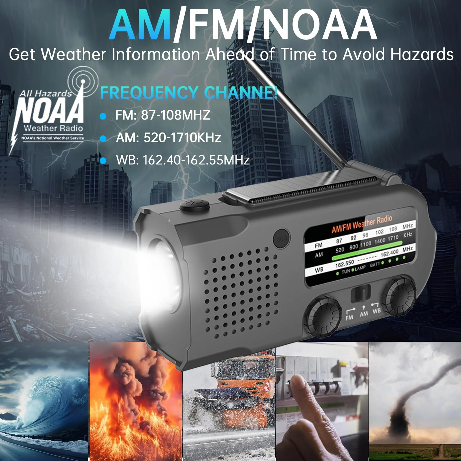 Emergency Radio, Multifunction Solar Crank Radio NOAA Weather AM/FM Radio 5000mAh/18500mWh with USB Charged, Reading Light, Flashlight, SOS Alarm, Headphone Jack Prepare for Emergencies Black - Image 3