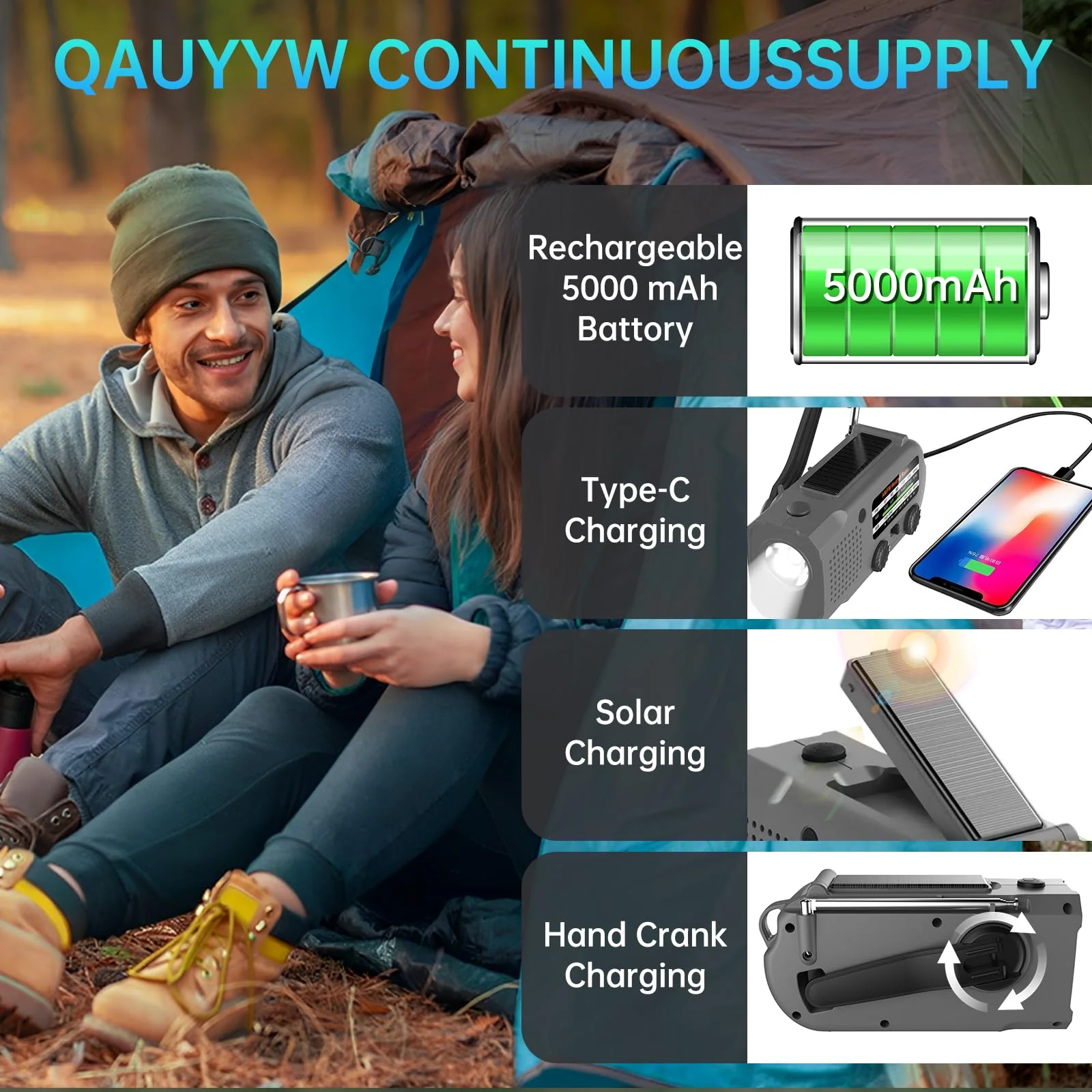 Emergency Radio, Multifunction Solar Crank Radio NOAA Weather AM/FM Radio 5000mAh/18500mWh with USB Charged, Reading Light, Flashlight, SOS Alarm, Headphone Jack Prepare for Emergencies Black - Image 4
