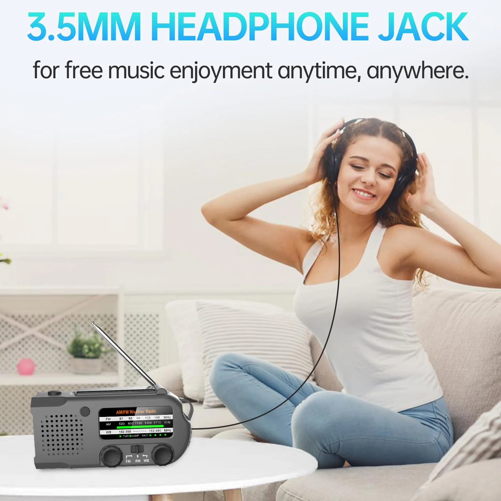 Emergency Radio, Multifunction Solar Crank Radio NOAA Weather AM/FM Radio 5000mAh/18500mWh with USB Charged, Reading Light, Flashlight, SOS Alarm, Headphone Jack Prepare for Emergencies Black - Image 6