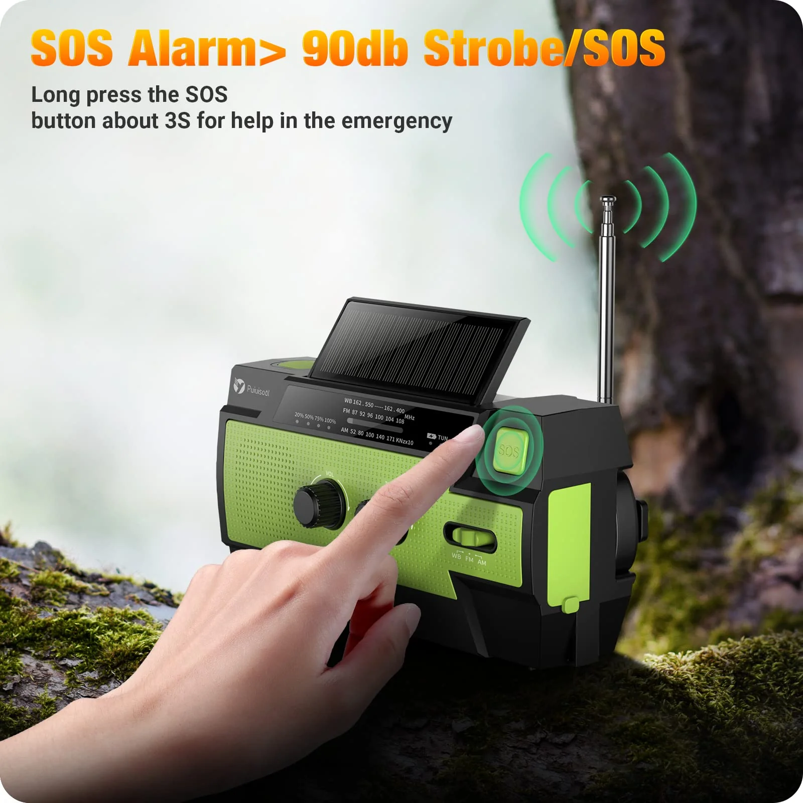 Emergency-Radio,Puiuisoul 4000mAh Weather Radios with Hand Crank & Solar Charging,3 Gear LED Flashlight,SOS Alarm, Portable Power Bank,AM/FM/NOAA,Motion Sensor Reading Lamp Olive Green - Image 7
