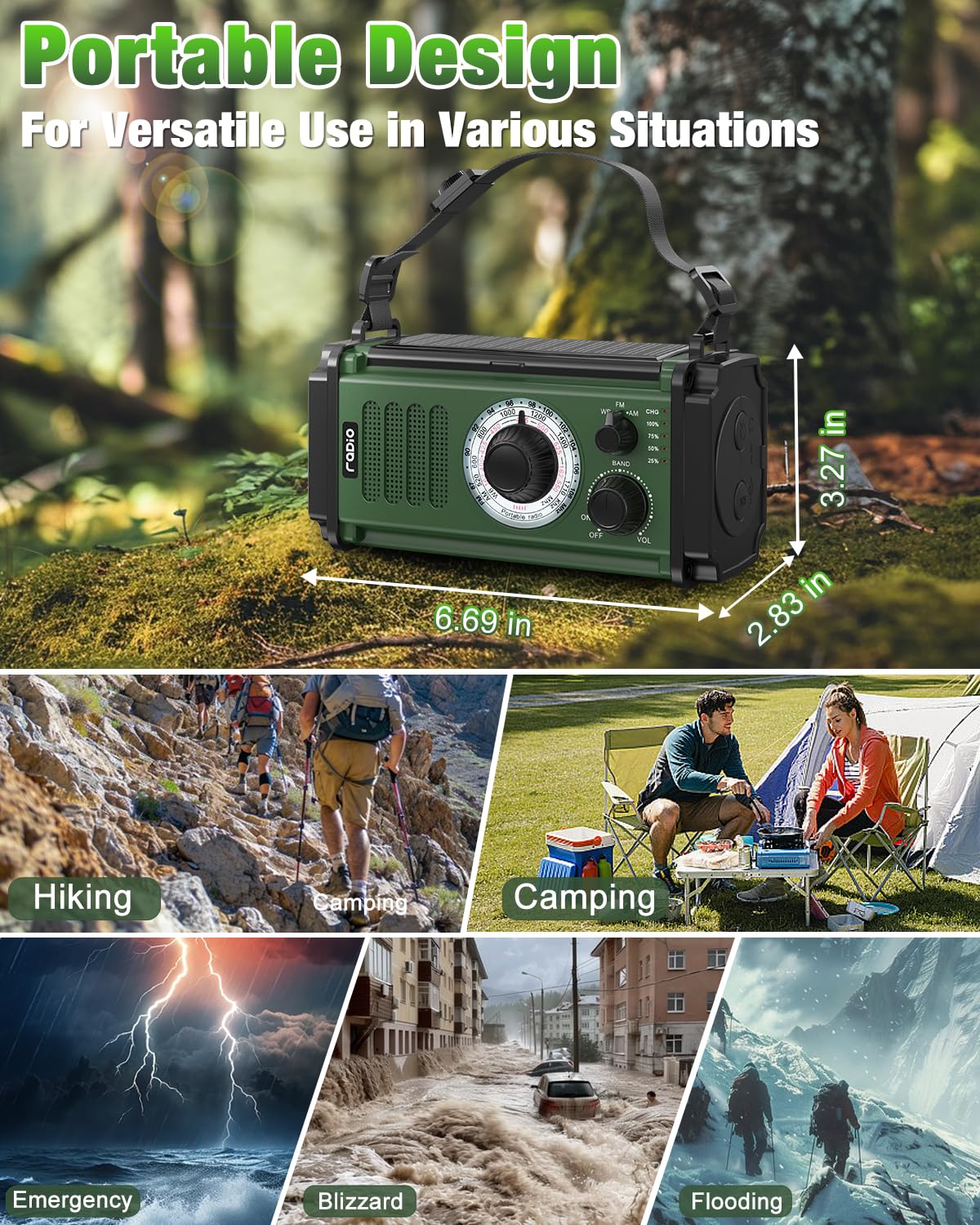 Emergency Radio, Solar Radio, 37000mWh Hand Crank Radio, NOAA AM FM Weather Radio, 5 Charging Methods, Polymer Battery, Flashlight & Reading Lamp, SOS Alarm, Phone Charger for Winter Storm Emergency Dark Green - Image 7