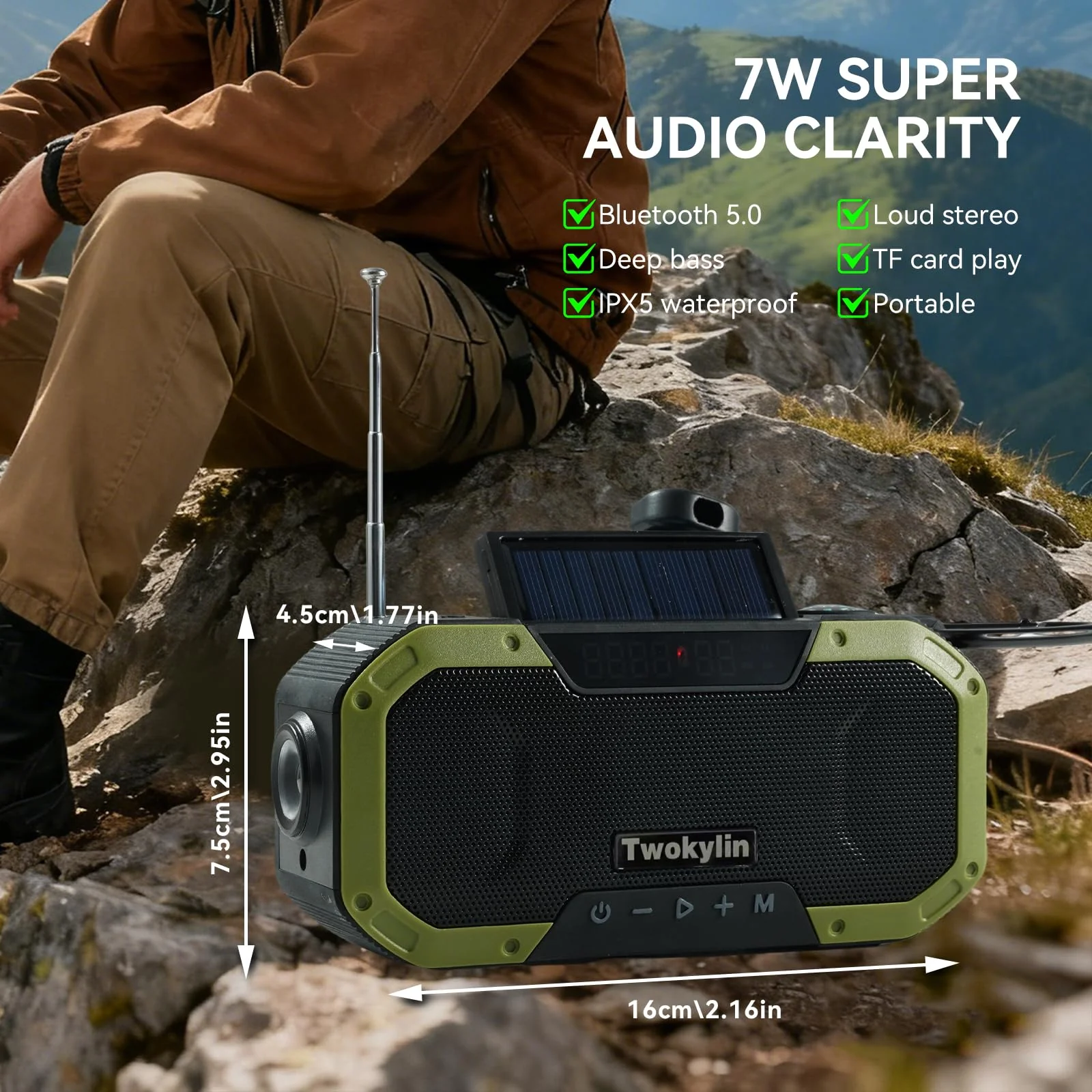 Emergency Radio Waterproof Bluetooth Speaker,Hand-Crank NOAA Weather Radio with Solar Panel,5000mAH Cell Phone Charger,Flashlight,SOS,Outdoor Camping Gear Camping - Image 2