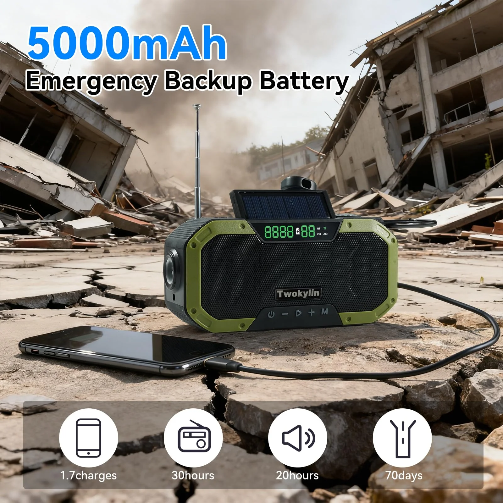 Emergency Radio Waterproof Bluetooth Speaker,Hand-Crank NOAA Weather Radio with Solar Panel,5000mAH Cell Phone Charger,Flashlight,SOS,Outdoor Camping Gear Camping - Image 3