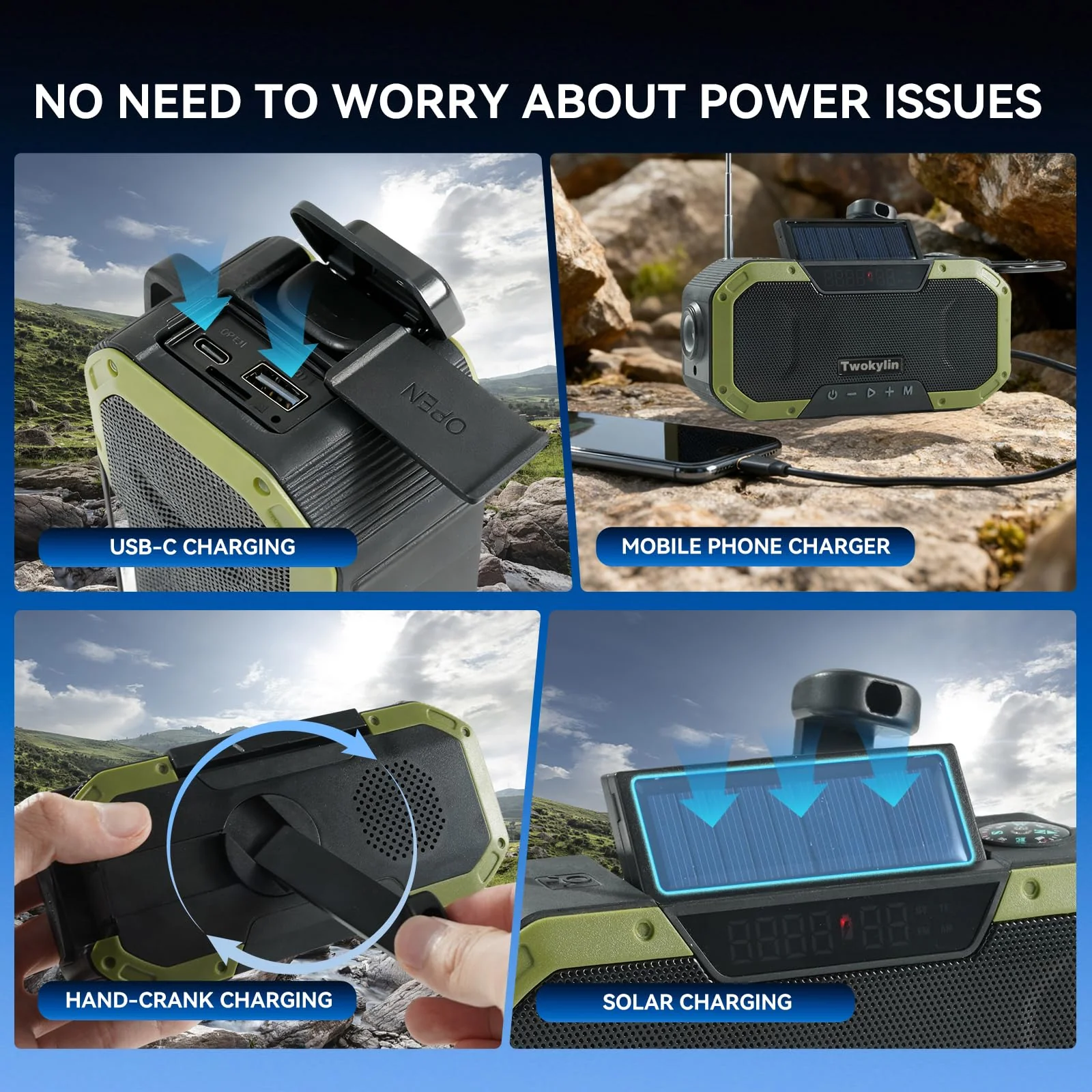 Emergency Radio Waterproof Bluetooth Speaker,Hand-Crank NOAA Weather Radio with Solar Panel,5000mAH Cell Phone Charger,Flashlight,SOS,Outdoor Camping Gear Camping - Image 4