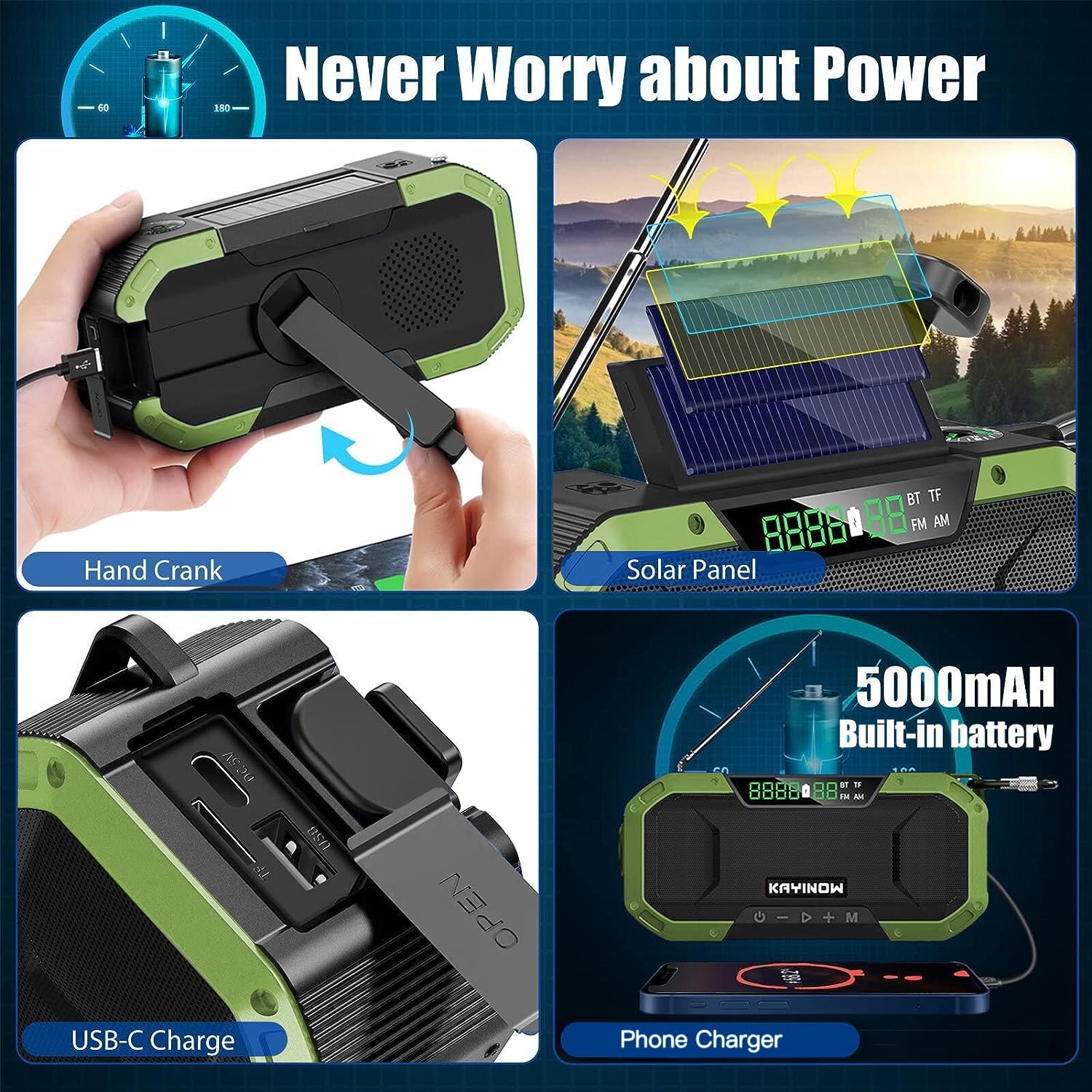 Emergency Radio Waterproof Bluetooth Speaker,Portable AM FM Radio with Flashlight,Reading Lamp,Hand Crank NOAA Weather Radio with Solar Panel,5000mAh/18500mWh Cell Phone Charger,Emergency Survival Kit Green - Image 2