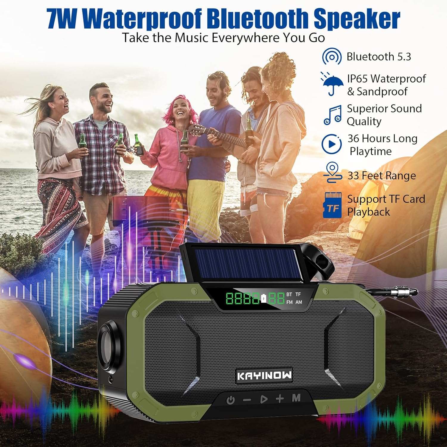 Emergency Radio Waterproof Bluetooth Speaker,Portable AM FM Radio with Flashlight,Reading Lamp,Hand Crank NOAA Weather Radio with Solar Panel,5000mAh/18500mWh Cell Phone Charger,Emergency Survival Kit Green - Image 8