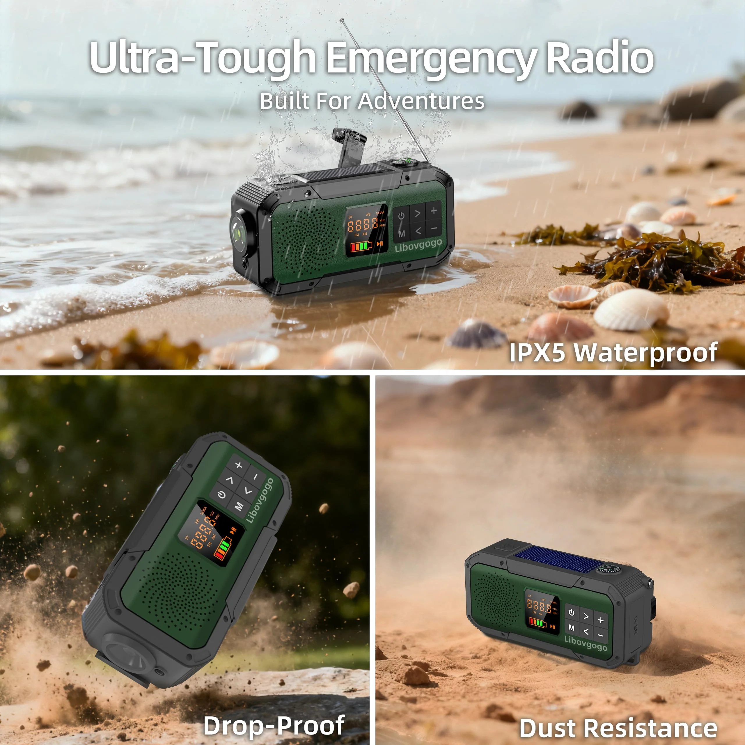 Emergency Radio Waterproof Bluetooth Speaker,Portable Digital AM FM Radio with 2000mAH Cell Phone Charger,Flashlight,Hand Crank NOAA Weather Radio with Solar Panel,Emergency Survival Kit (Deep Green) Deep Green - Image 7