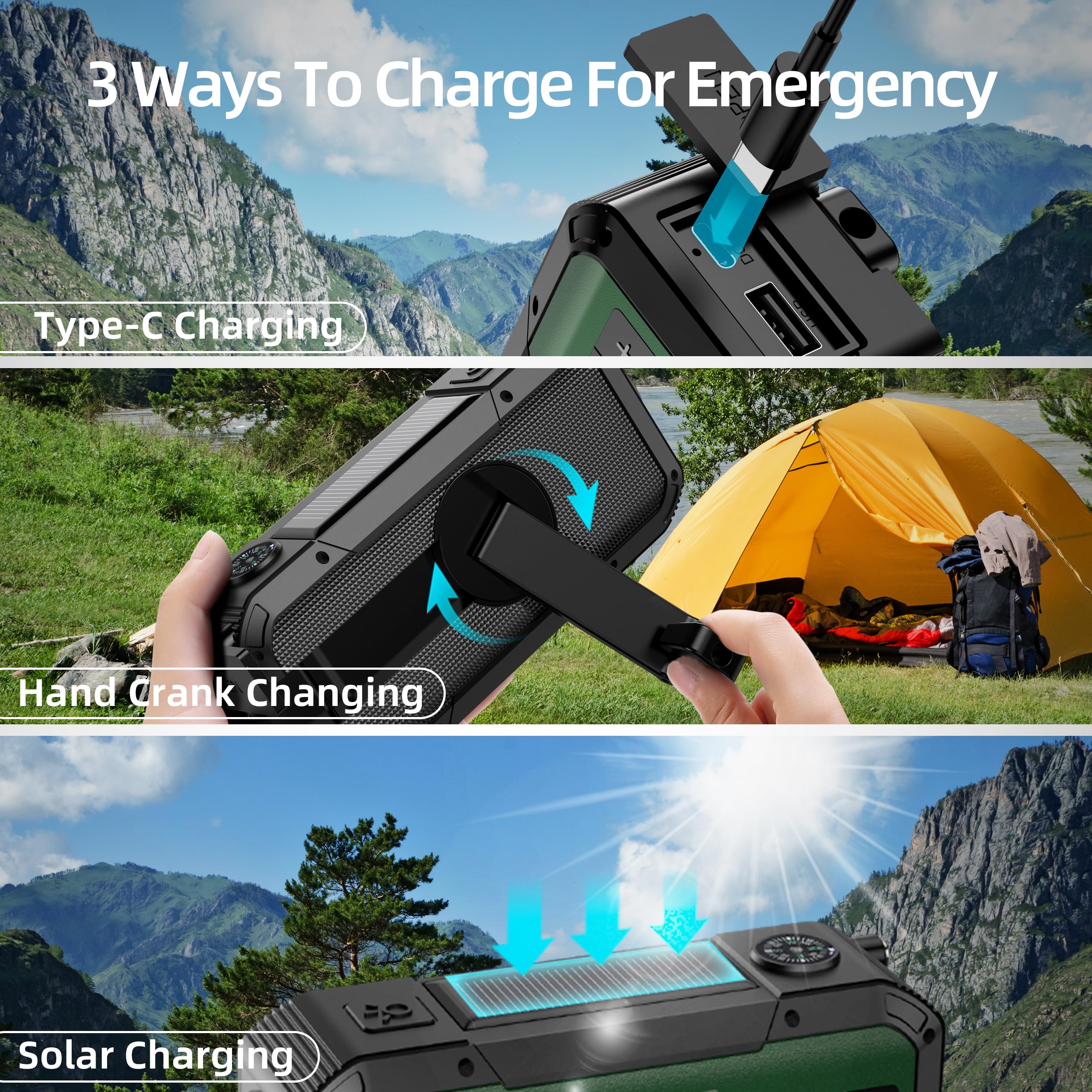 Emergency Radio Waterproof Bluetooth Speaker,Portable Digital AM FM Radio with 2000mAH Cell Phone Charger,Flashlight,Hand Crank NOAA Weather Radio with Solar Panel,Emergency Survival Kit (Deep Green) Deep Green - Image 8