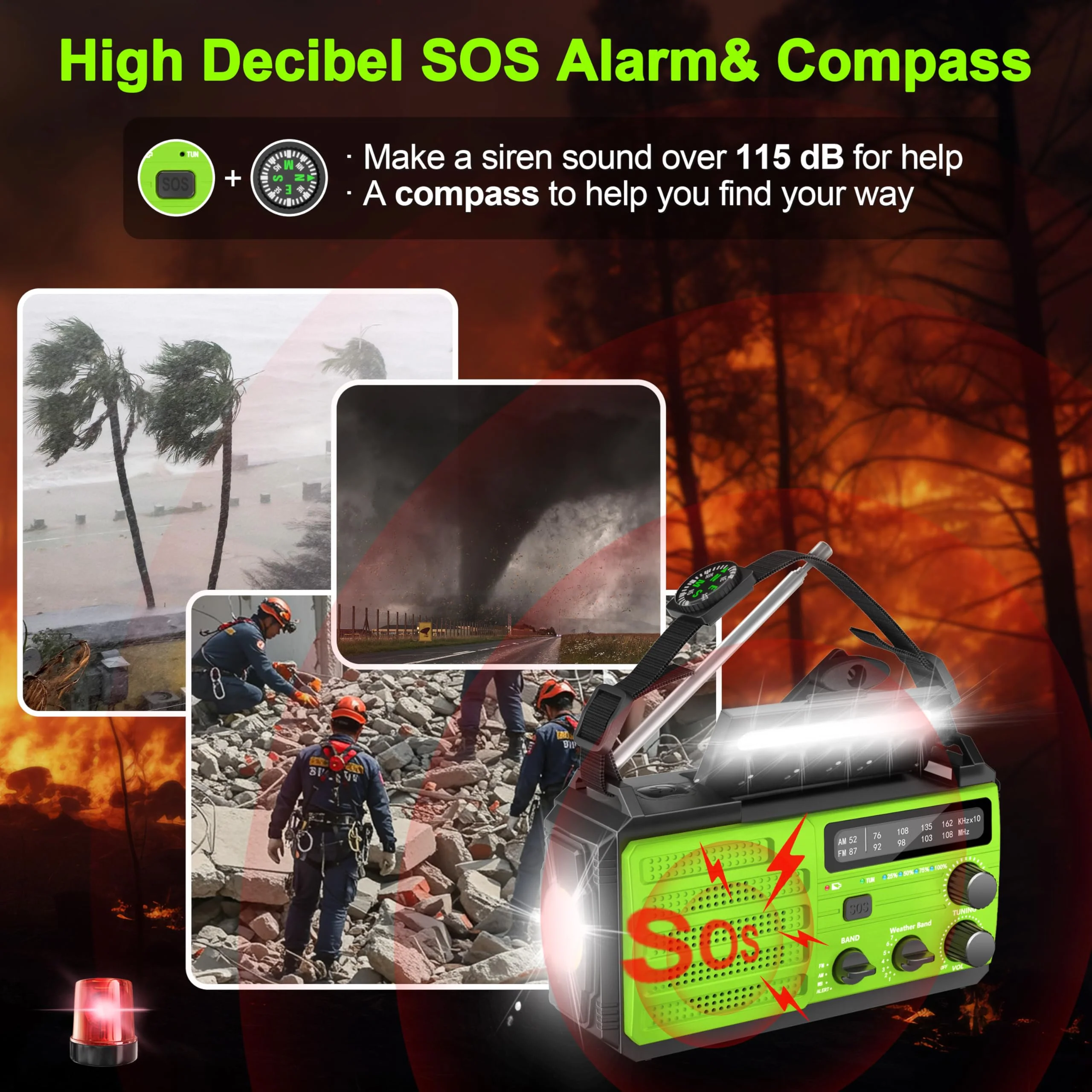 Emergency Radio with Solar & Hand Crank Radio 22200mWh (6000mAh) NOAA Emergency Weather Radio Alert, SOS Alarm, AM/FM, Hand Crank Flashlight, Compass for Tornado, Winter Storm, and Survival Kits Green - Image 2