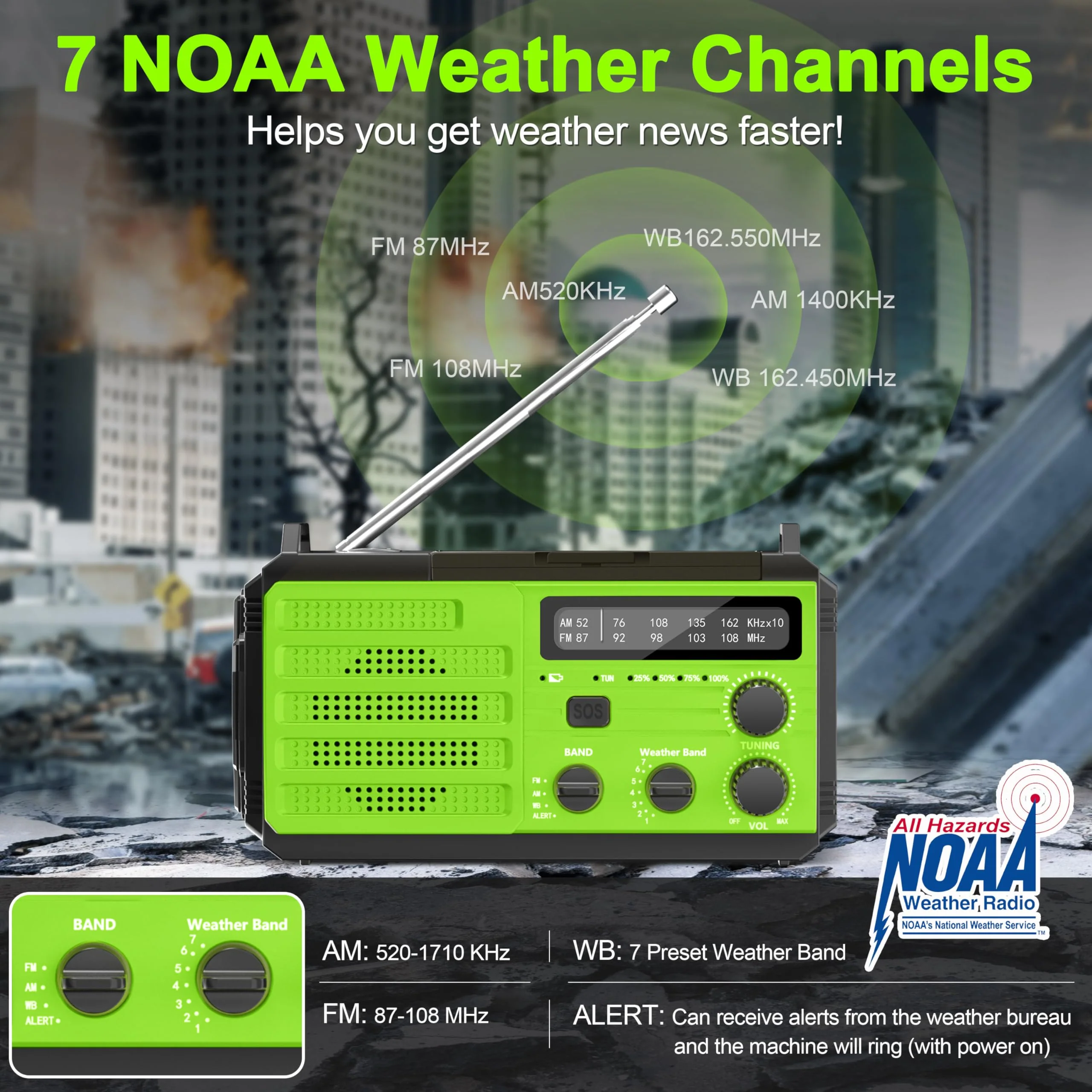 Emergency Radio with Solar & Hand Crank Radio 22200mWh (6000mAh) NOAA Emergency Weather Radio Alert, SOS Alarm, AM/FM, Hand Crank Flashlight, Compass for Tornado, Winter Storm, and Survival Kits Green - Image 3