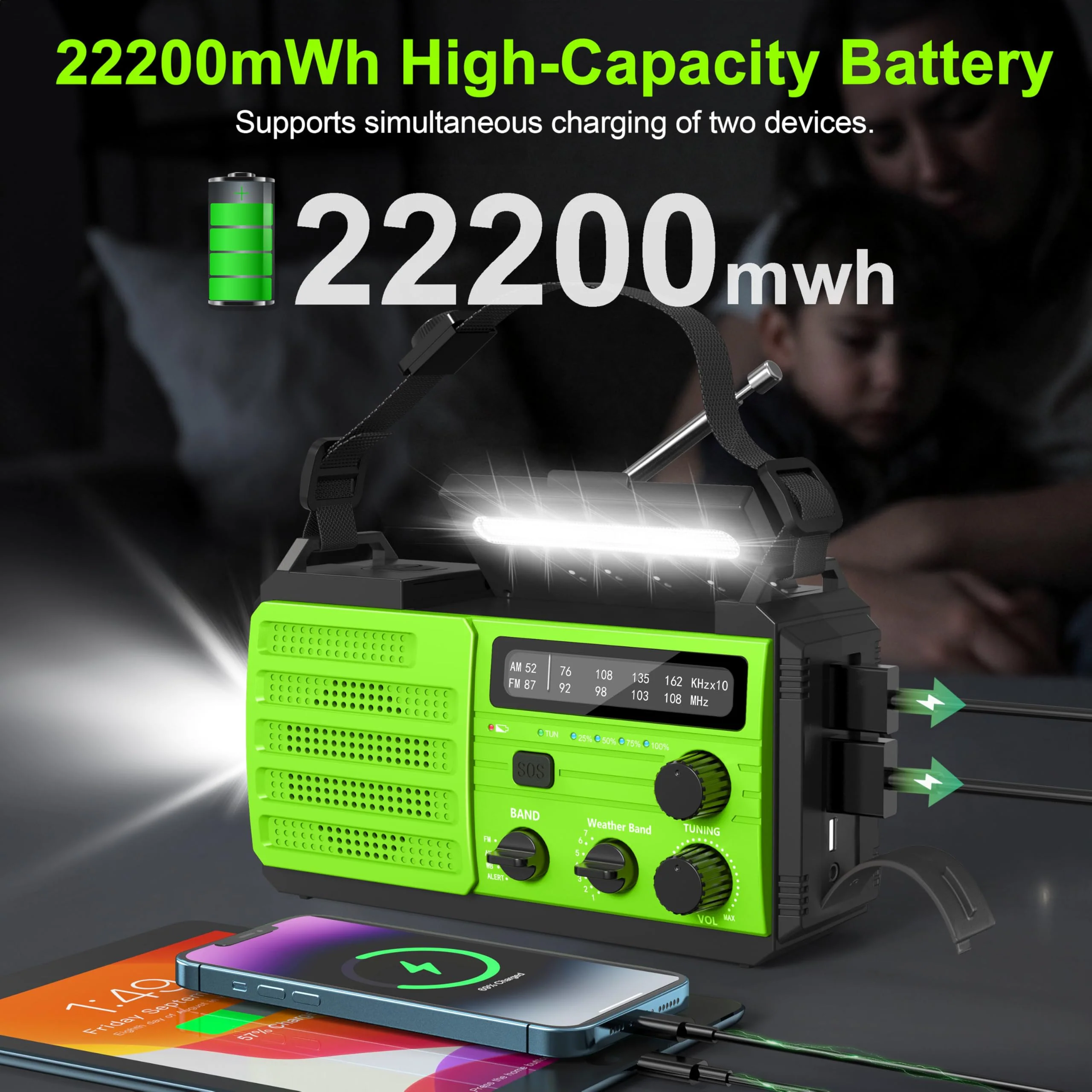 Emergency Radio with Solar & Hand Crank Radio 22200mWh (6000mAh) NOAA Emergency Weather Radio Alert, SOS Alarm, AM/FM, Hand Crank Flashlight, Compass for Tornado, Winter Storm, and Survival Kits Green - Image 4