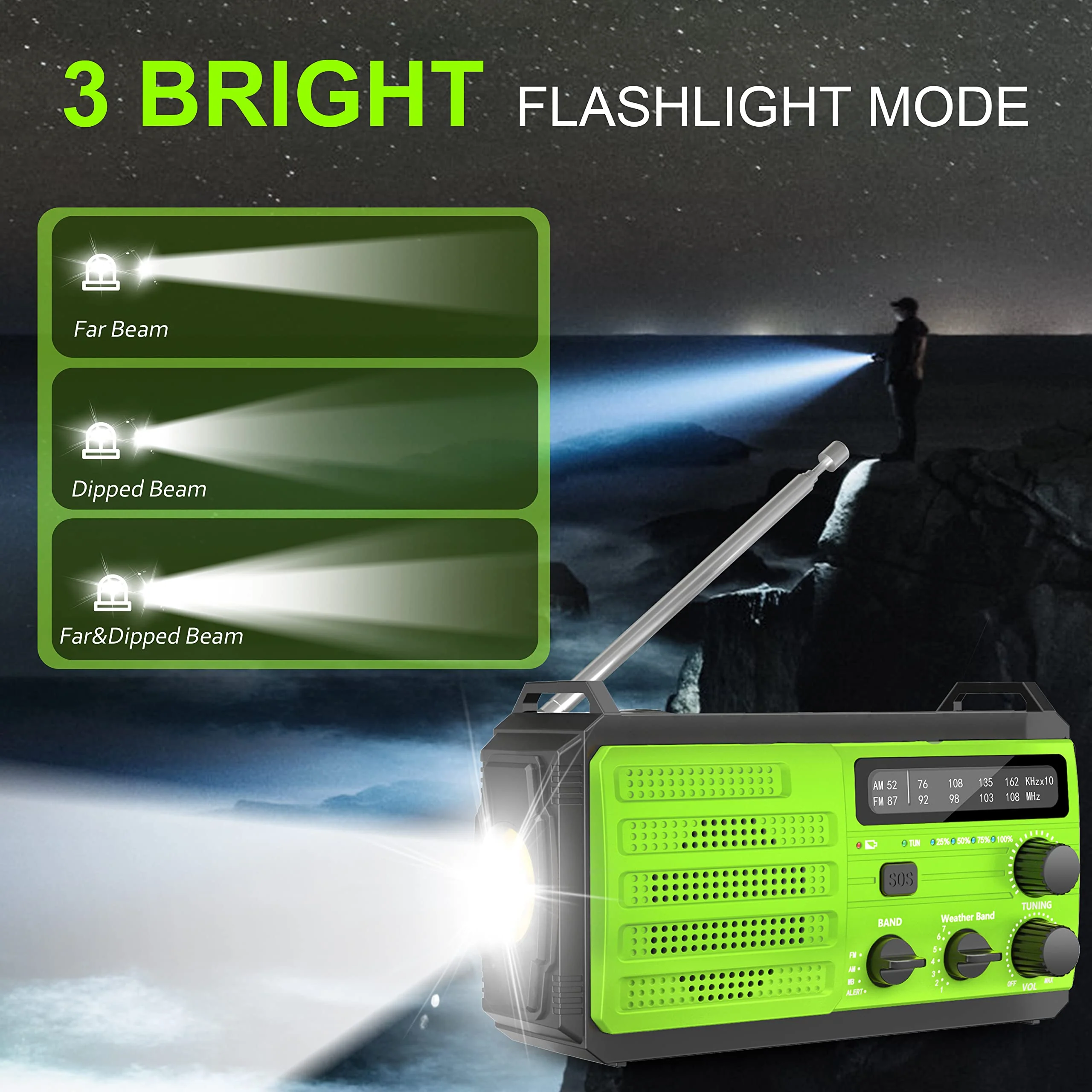 Emergency Radio with Solar & Hand Crank Radio 22200mWh (6000mAh) NOAA Emergency Weather Radio Alert, SOS Alarm, AM/FM, Hand Crank Flashlight, Compass for Tornado, Winter Storm, and Survival Kits Green - Image 5