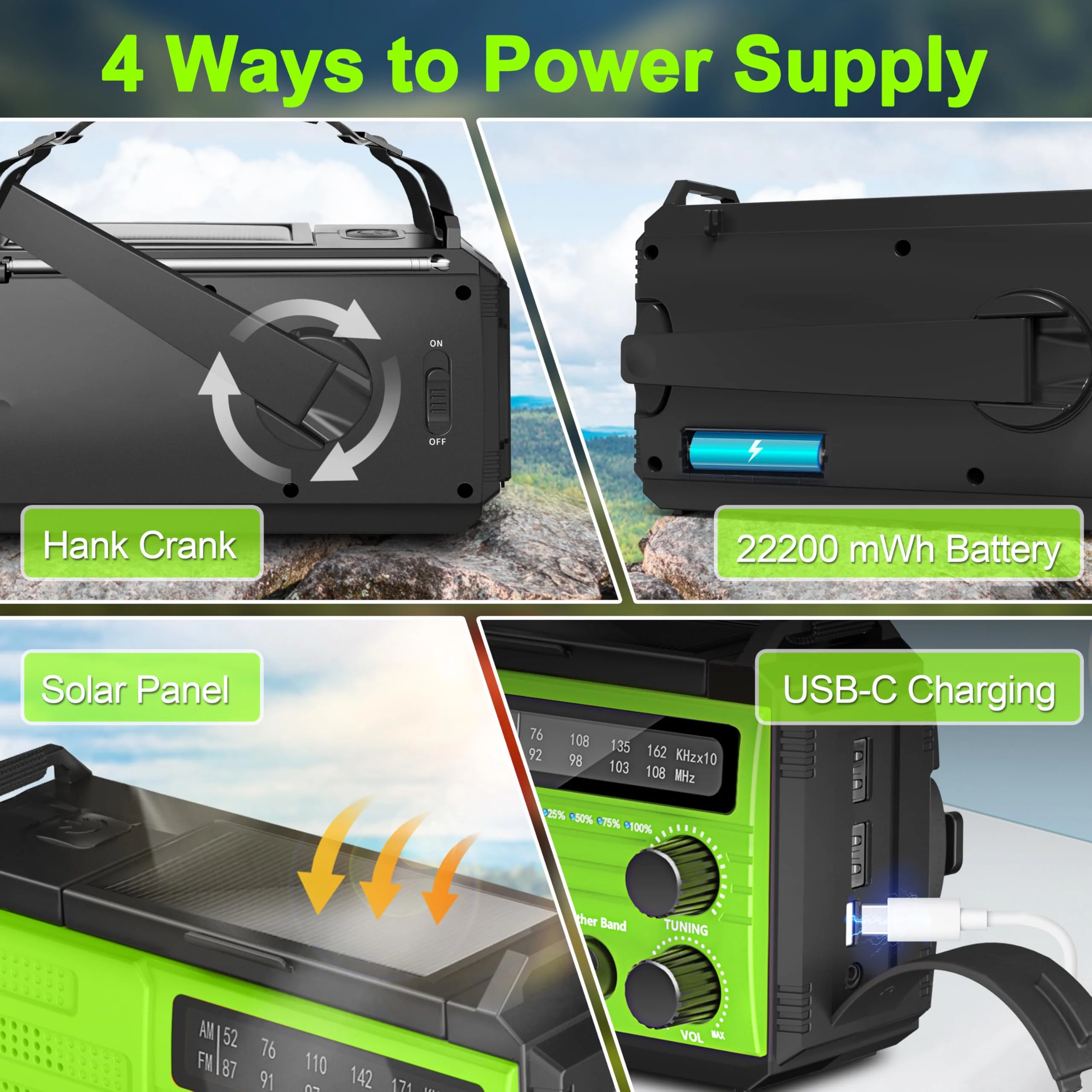 Emergency Radio with Solar & Hand Crank Radio 22200mWh (6000mAh) NOAA Emergency Weather Radio Alert, SOS Alarm, AM/FM, Hand Crank Flashlight, Compass for Tornado, Winter Storm, and Survival Kits Green - Image 6