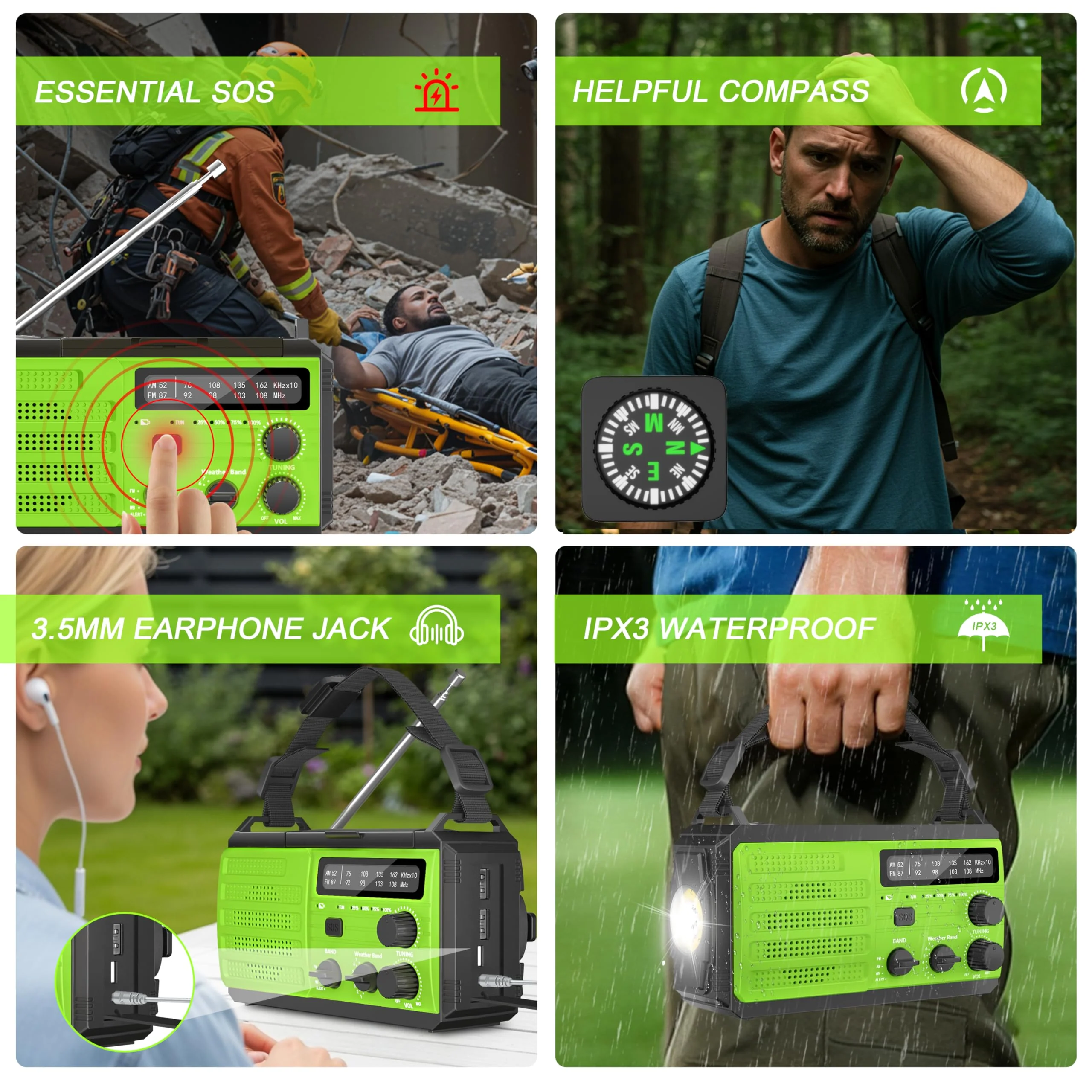 Emergency Radio with Solar & Hand Crank Radio 22200mWh (6000mAh) NOAA Emergency Weather Radio Alert, SOS Alarm, AM/FM, Hand Crank Flashlight, Compass for Tornado, Winter Storm, and Survival Kits Green - Image 8