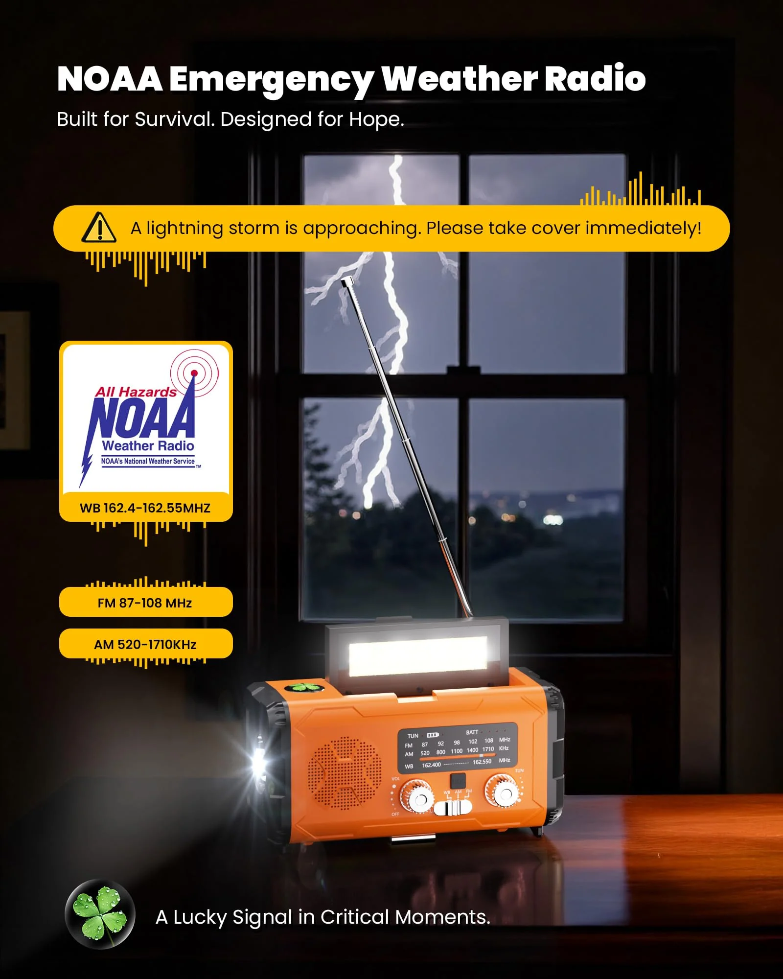 Emergency Weather Radio NOAA AM FM with 10000mAh Power Bank & Fire Starter, Solar/Hand Crank/USB-C Fast Charging, SOS Alarm, Flashlight for Indoor Outdoor Survival for Campers and Preppers Orange - Image 2